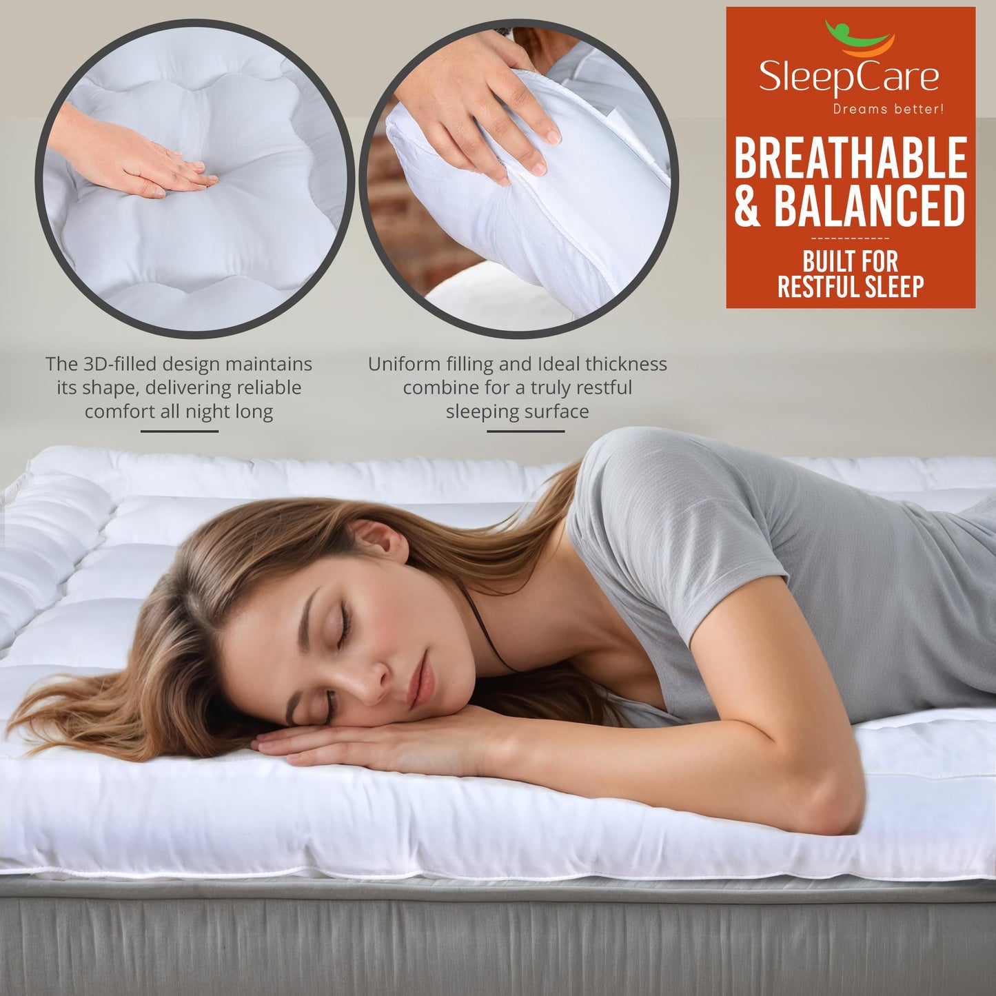 SleepCare Thick Mattress Topper Double Bed, Premium Quality Breathable Double Mattress Topper, Quilted and Fluffy Mattress Topper Double Size Bed with