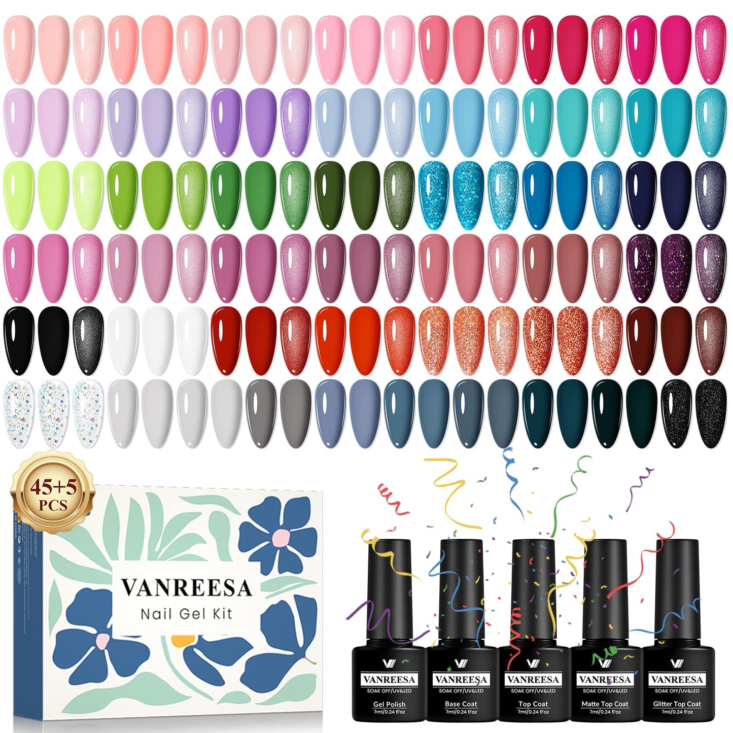 VANREESA Gel Nail Polish Set, 45+5 PCS Gel Polish Set with Base and Top Coat 45 Colours Pink Lilac Blue Red All Seasons Nail Varnish Set Nail Salon