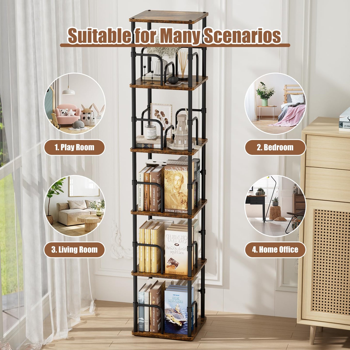 5 Tier Square Rotating Bookshelf, 360° Corner Bookshelf Tower, Small Size Revolving Bookcase with Adjustable Levels