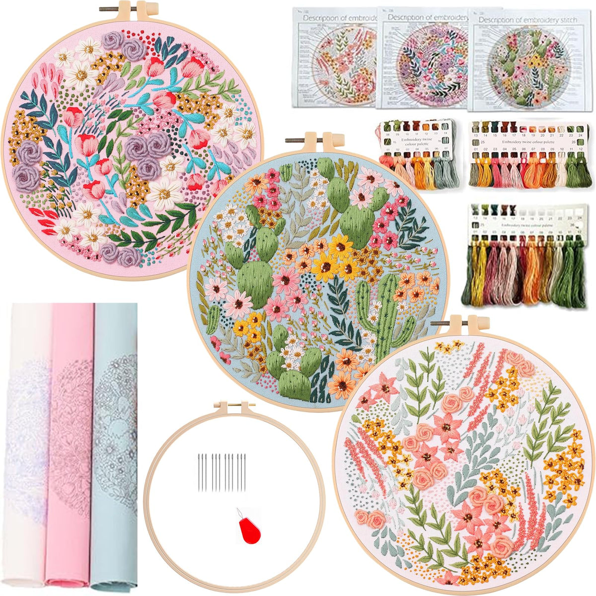 Smart-Feather 3 Pcs Flower Embroidery kit for Beginners, Embroidery Stitch Practice Kits for Adults with Hoop, DIY Art Project Craft Kit (Flower