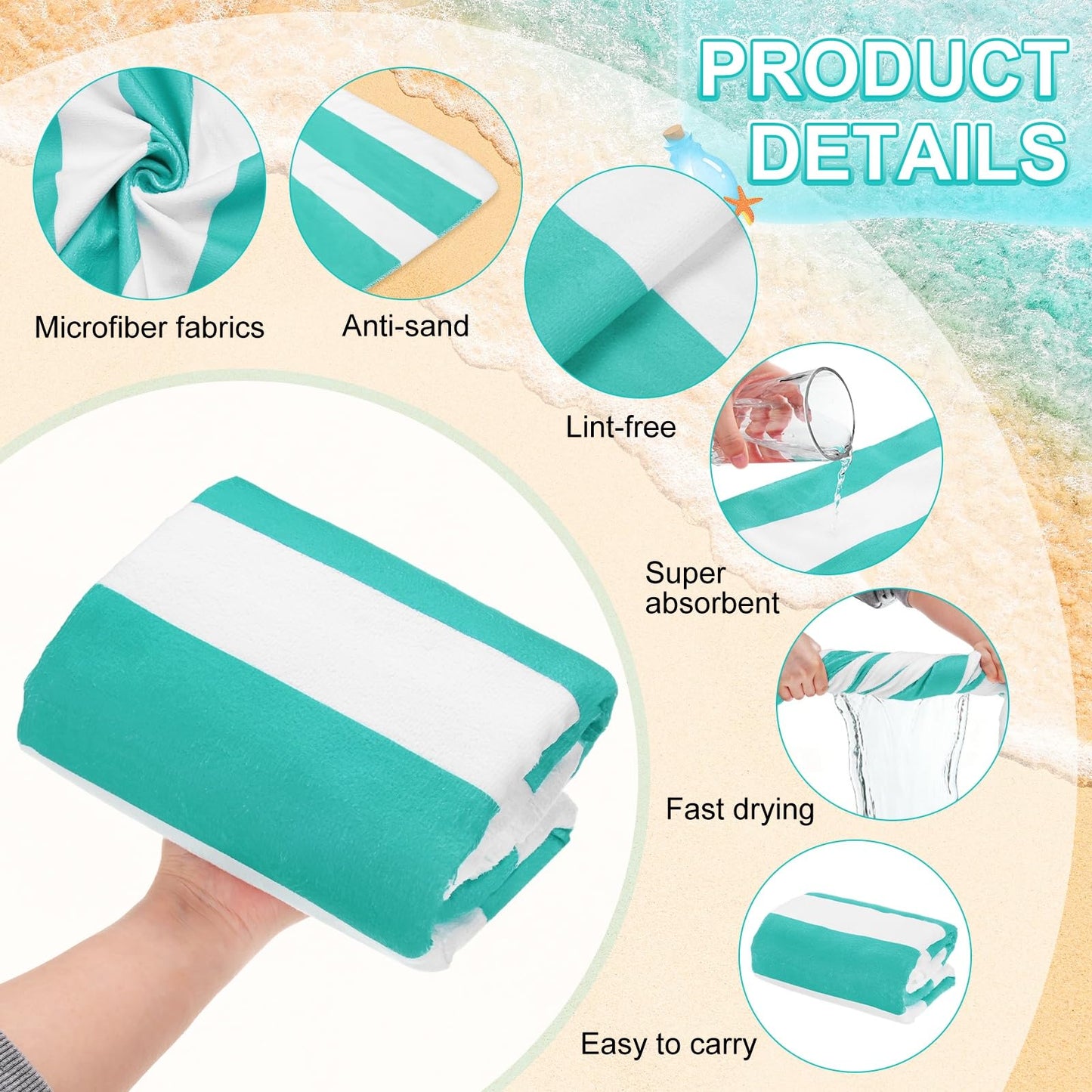 M METERXITY 4-Pack Large Stripe Beach Towels 30x60in Turquoise