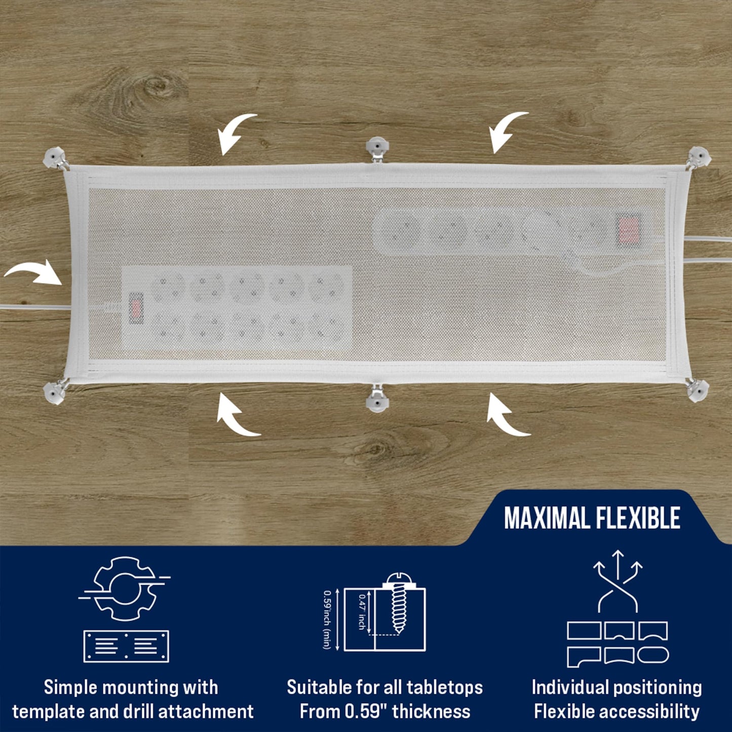 Desk wire organiser – Flexible under desk cable net, holds 10 kg, white