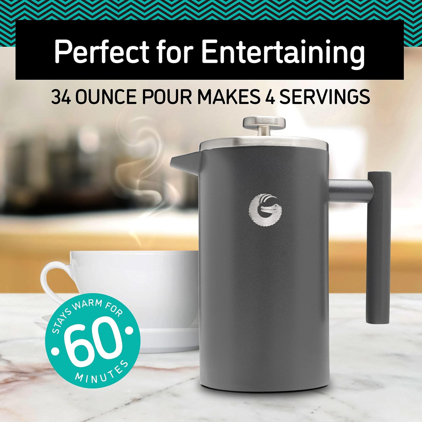 Coffee Gator Cafetiere - 1L French Press Coffee Maker with Jar - Large Capacity Double-Wall Insulated Stainless Steel Brewer - Hotter for Longer,Gray