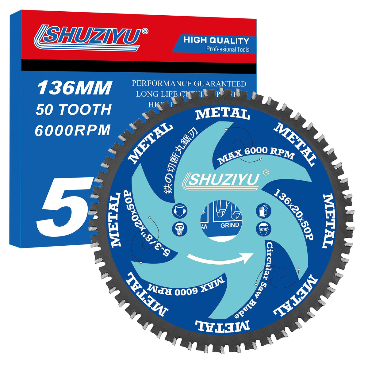 5-3/8?(136mm)-50T, Ferrous Metals Cutting Circular Saw Blade, Arbor 20mm with 5/8"-10mm Washer, Compatible with Cordless Saw, Metal, Steel Iron Bar,