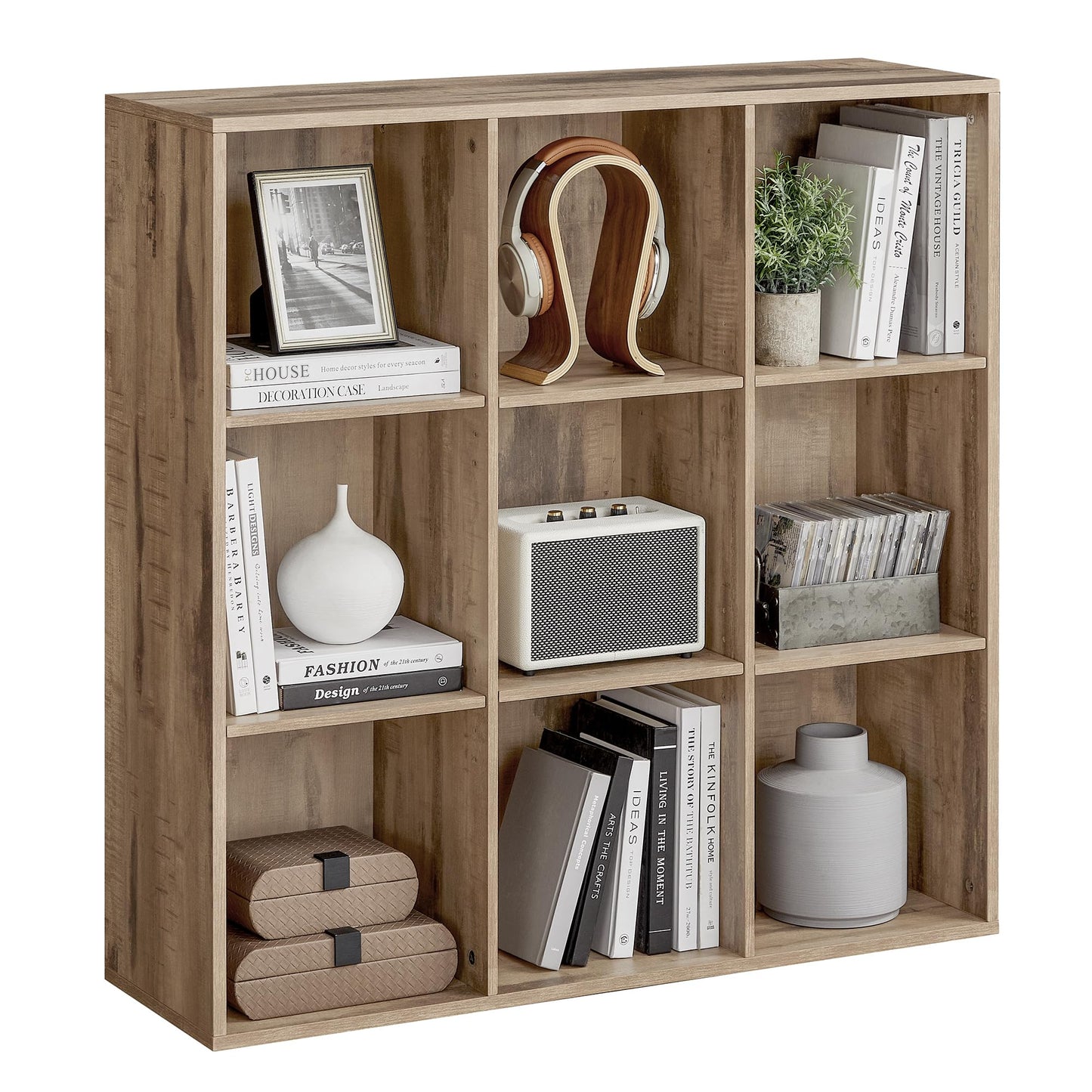 VASAGLE Bookcase, Bookshelf, Storage Shelf with 9 Compartments, Standing Shelf, Cube Shelf, for Living Room, Home Office, Dinning Room, Camel Brown