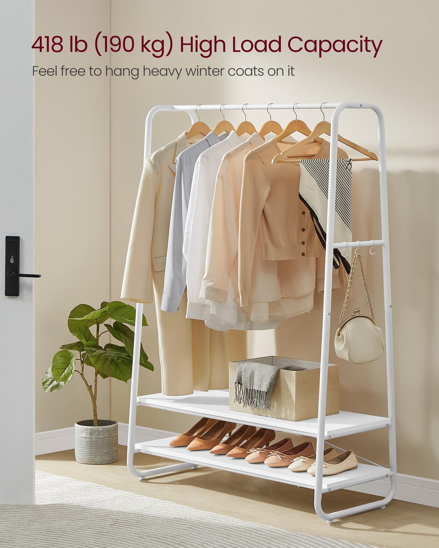 VASAGLE Clothes Rail, Clothes Rack with 2 Shelves, 6 S-Shaped Hooks, Steel Frame, for Bedroom, Rustic Brown and Black RGR112B01