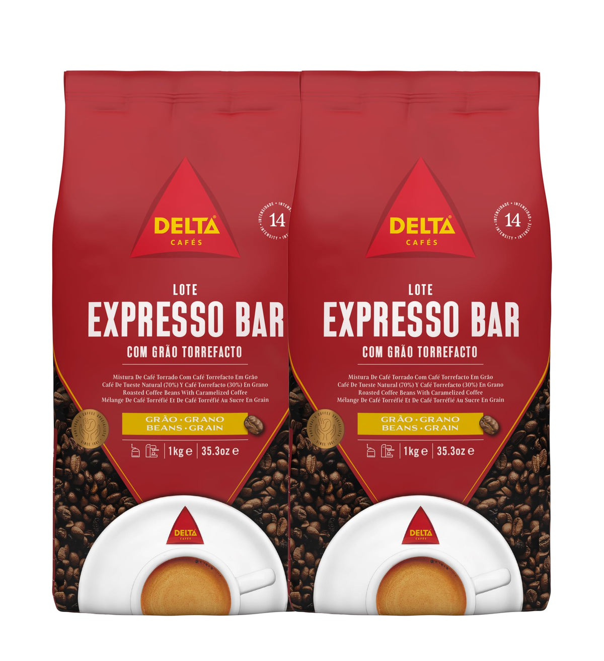 Delta Caf?s - Coffee Bean Espresso Bar - 2 Packs of 1 kg - Intensity 14 - Blend of Arabica Coffee Beans and Robust with Natural Roast - Very Aromatic