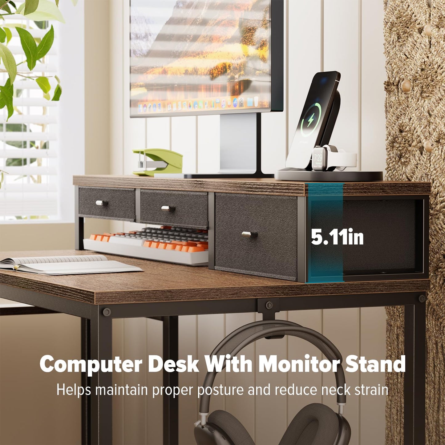 WOHOMO 120cm Computer Desk with 3 Drawers, Printer Shelf and Monitor Stand
