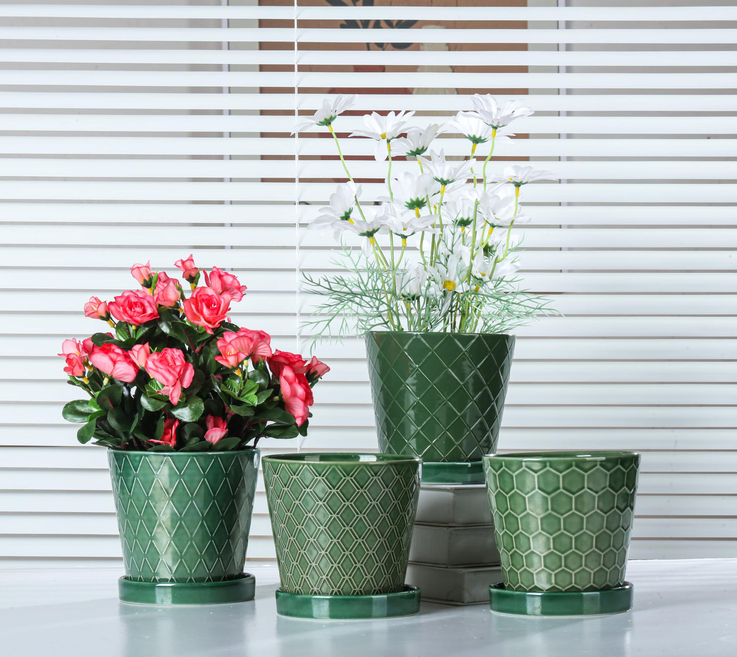 BUYMAX Plant Pots Indoor 5 inch Ceramic Flower Pot with Drainage Hole and Ceramic Tray - Gardening Home Desktop Office Windowsill Decoration Gift,