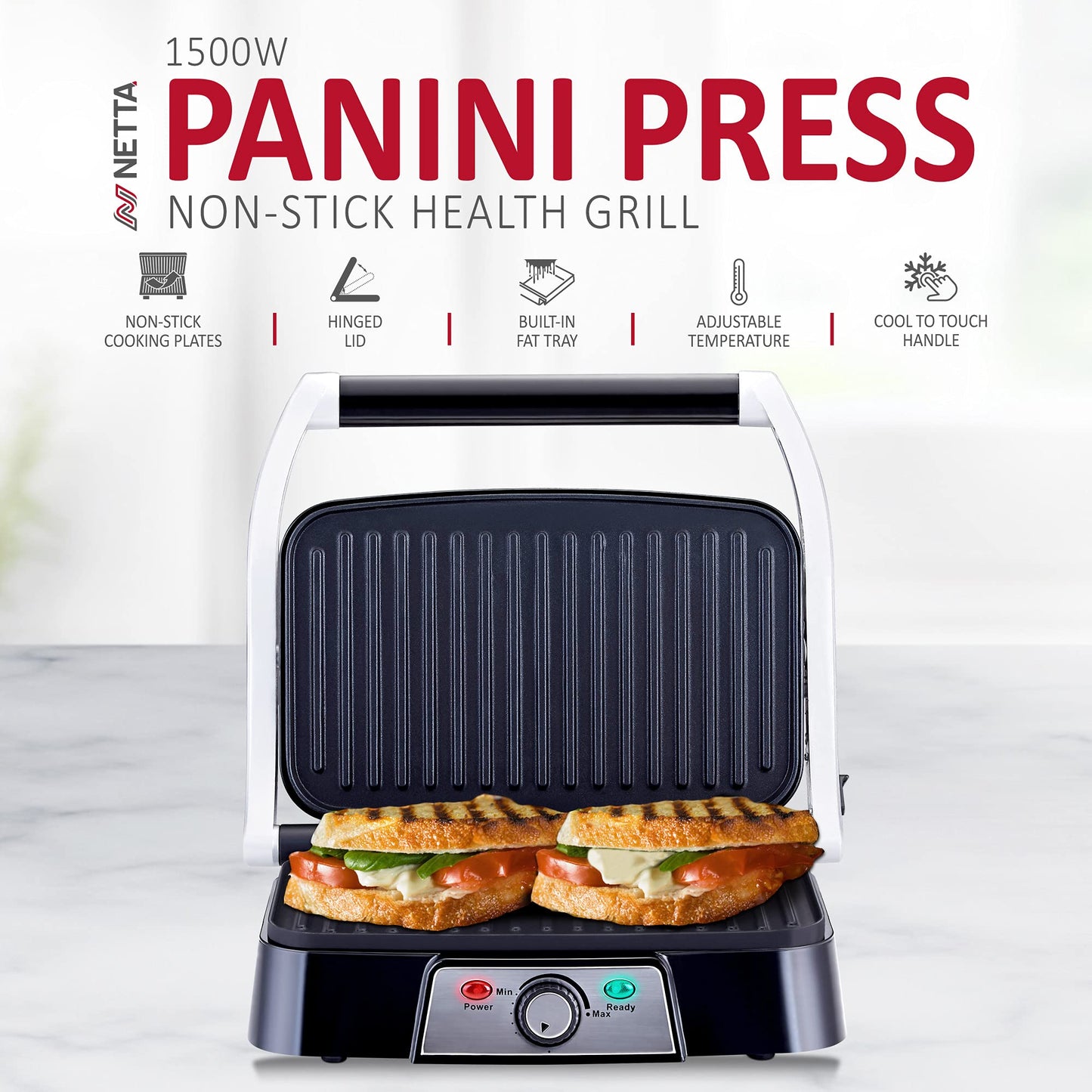NETTA Panini Maker & Health Grill - Sandwich Toaster, Panini Press - 2 Slice Non-Stick Grill Plates  Built-In Fat Tray - 1500W - Stainless Steel
