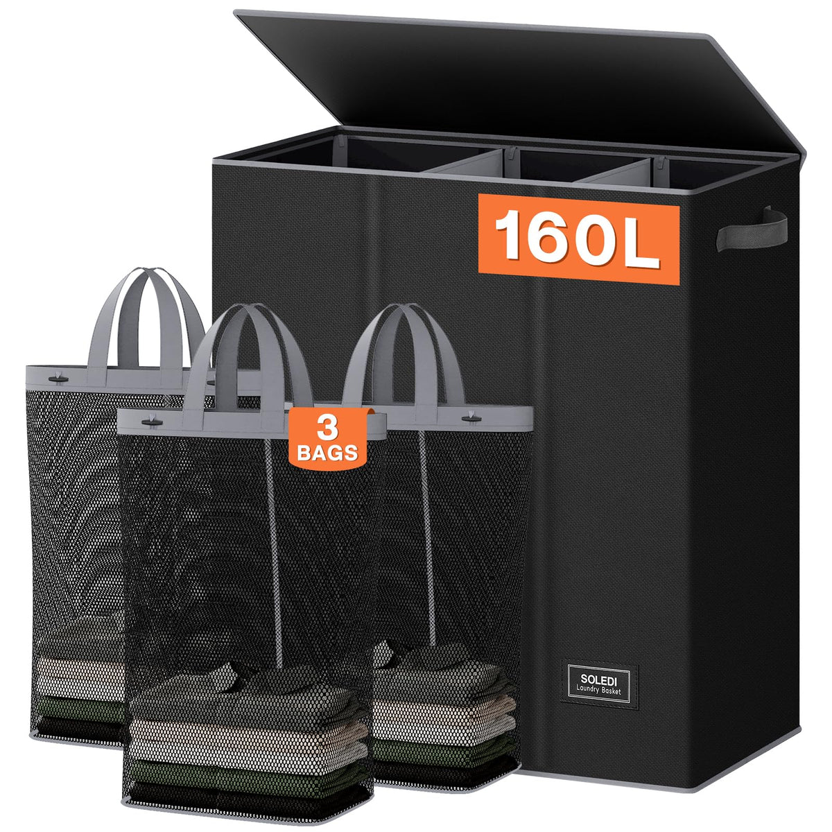 SOLEDI 160L 3 Section Washing Basket with Lid, Dirty Clothes Hamper and Laundry Bags, Large Hamper Organizer for Laundry Room, Bedroom, Black