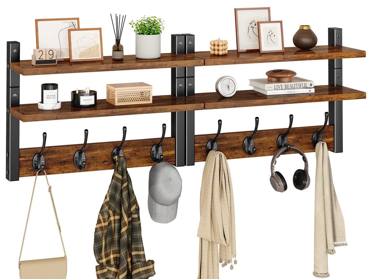 YMYNY 2-Tier Coat Hooks Wall Mounted with Shelf, Rustic Brown HWS009H-2