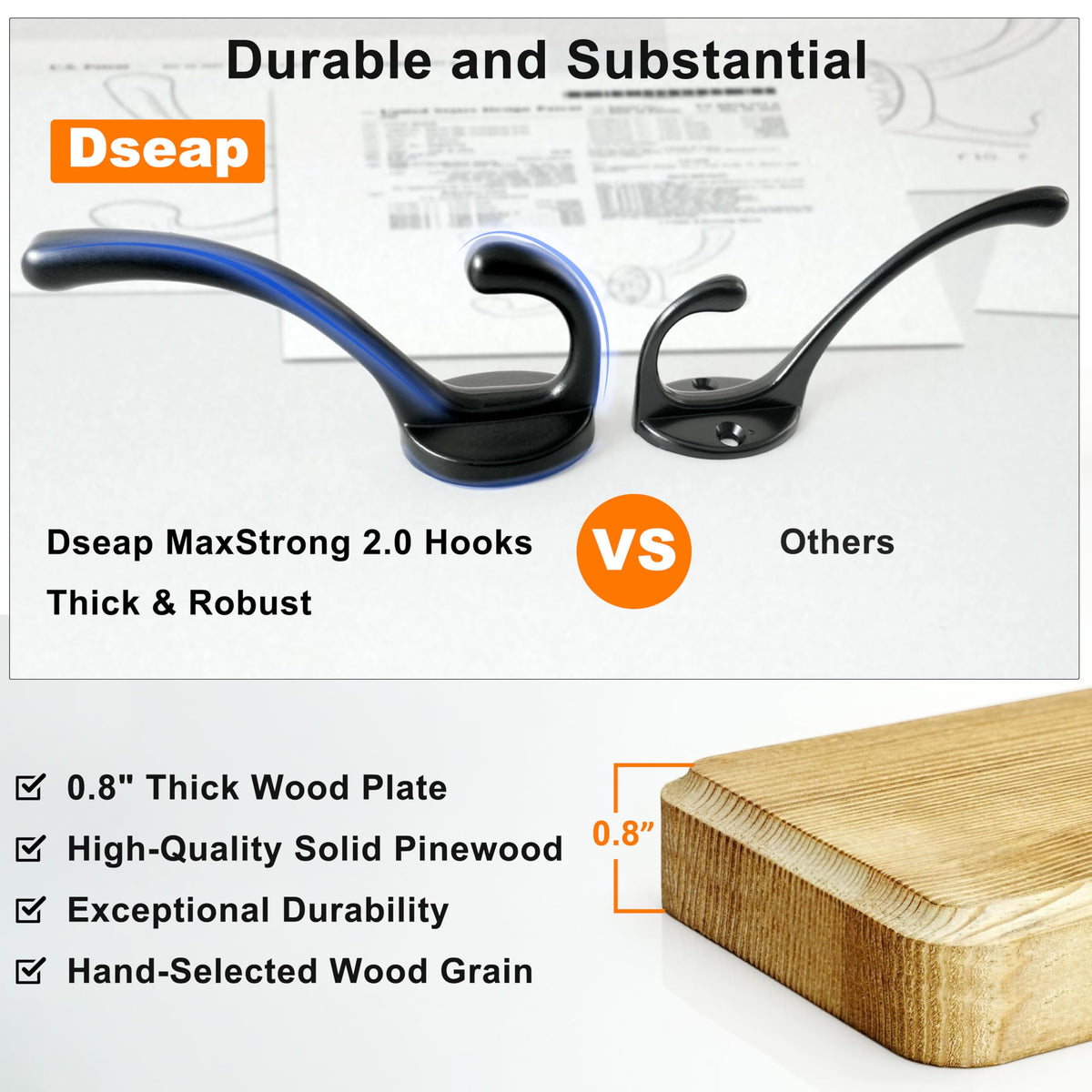 Dseap Coat Rack Wall: Patented, Heavy-Duty, 5-Double-Hooks Wooden Wall Mounted Coat Rack Coat Hanger Hook Rail for Winter Coats Hat Jacket Clothing