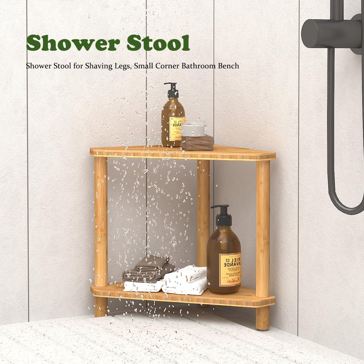 Bamboo Corner Shower Stool,2-Tier Waterproof Shower Stool for Inside Shower Shaving Leg,Small Spaces,Shower Foot Rest with Storage Shelf,Shower
