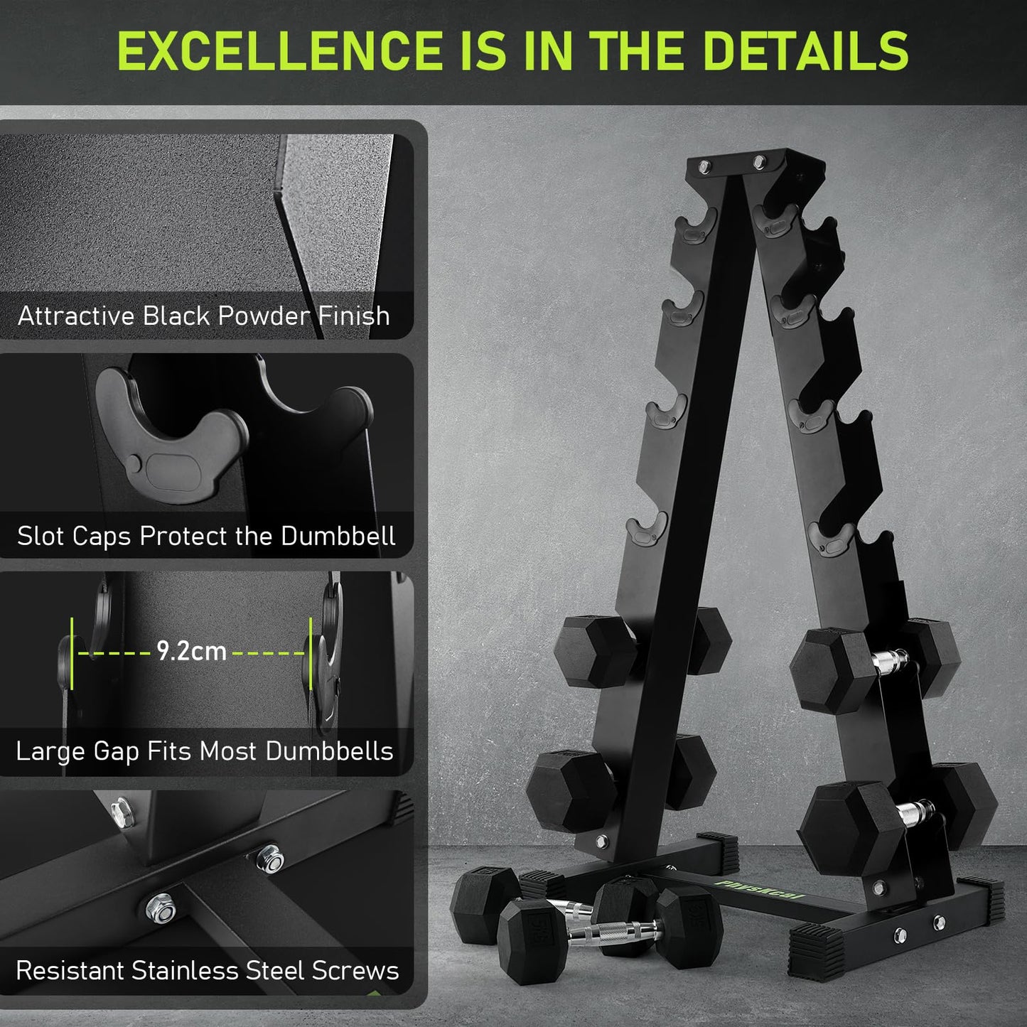 PhysKcal 6-Tier Weights Storage Dumbbell Stand, Dumbbell Rack Heavy Duty Steel 400kg Load Bearing, Dumbbell Tree Stand Weights Holder for Home Gym