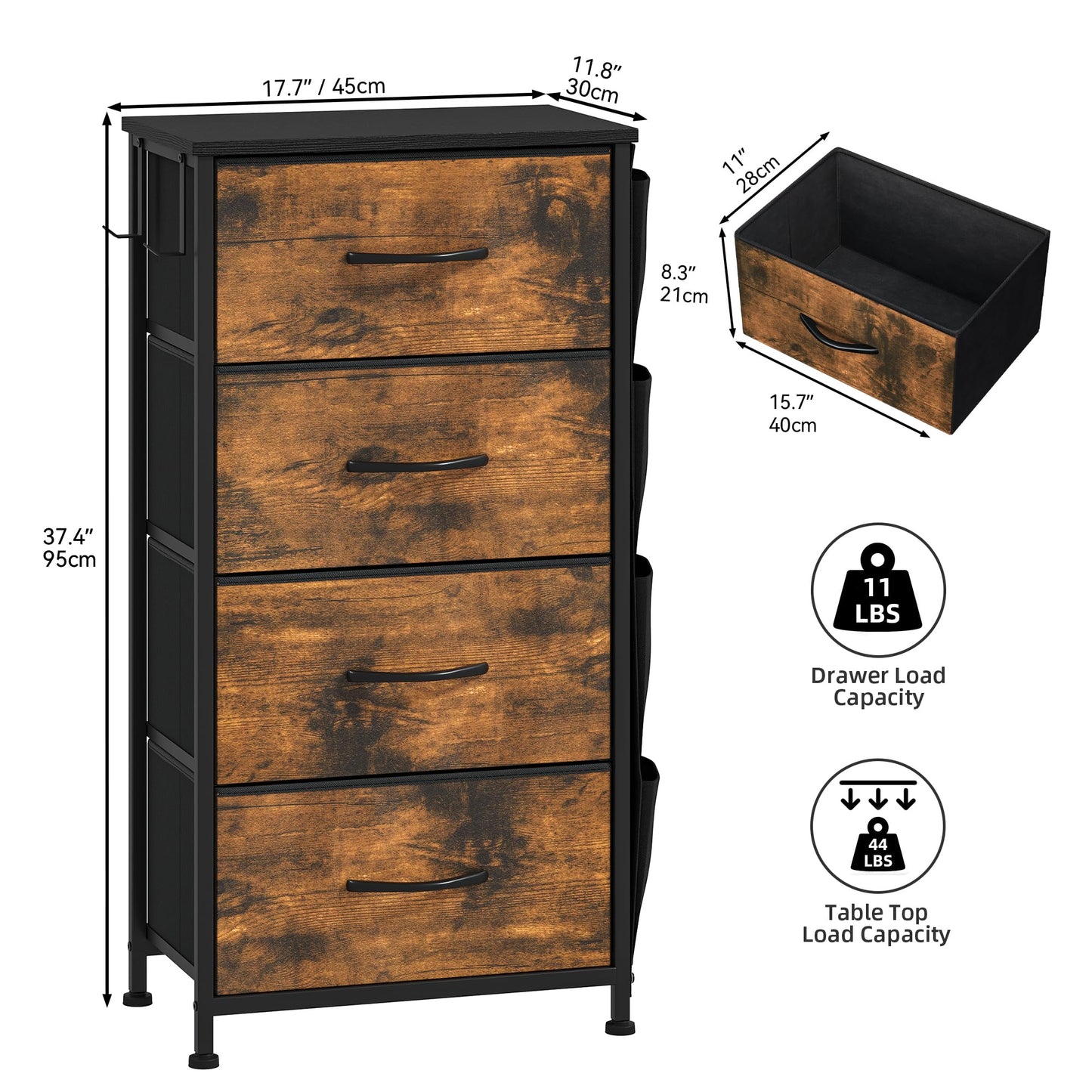 DWVO Narrow Chest of Drawers with 4 Drawers, Fabric Chest Drawers with Side Pocket&Hooks,Easy Pull Handle,Sturdy Steel Frame for Bedroom,Living