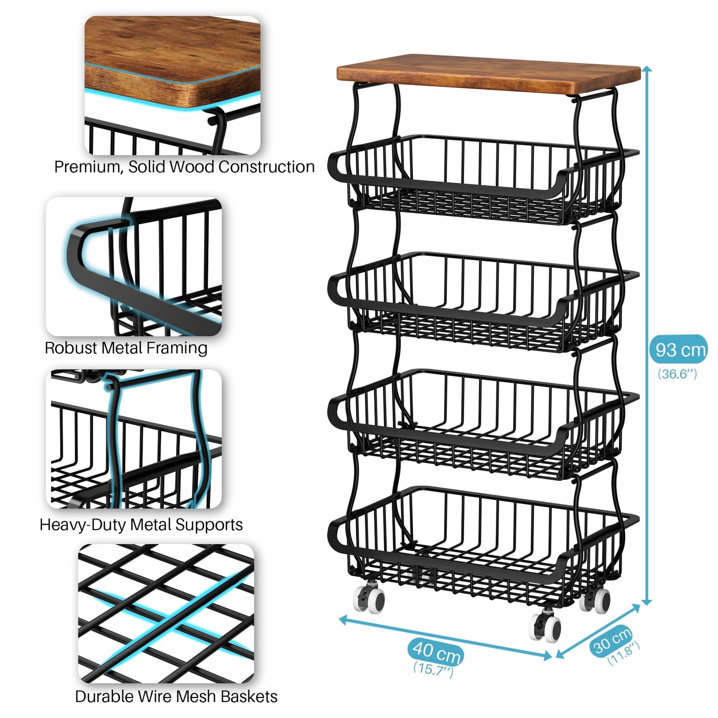 5 Tier Vegetable Fruit Basket for Kitchen, Stackable Metal Fruit and Vegetable Storage Baskets with Rolling Wheels Cart