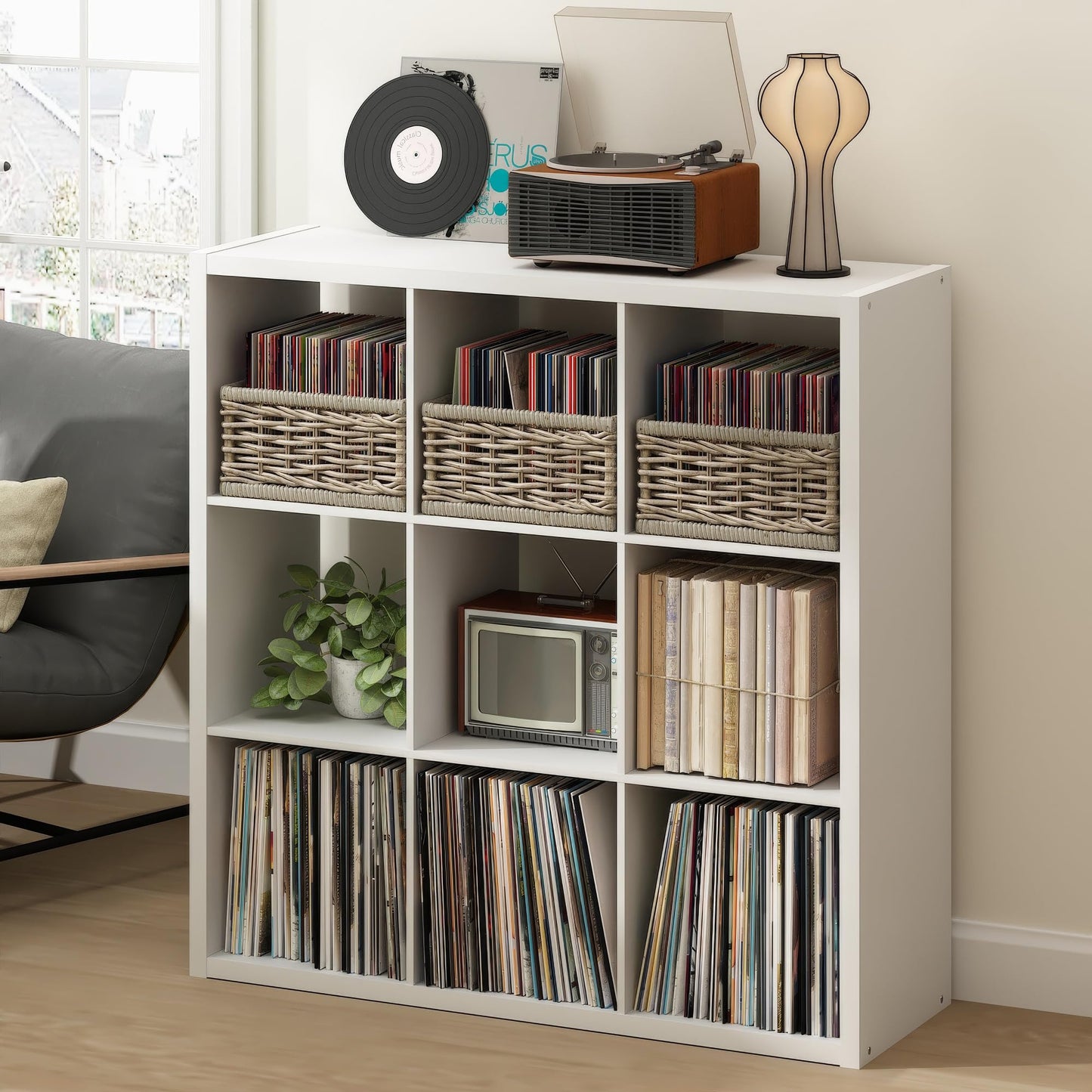 Furinno CUBICLE Record Player Stand with Vinyl Storage, 9-Cube 1.2 Extra Thick Vinyl Record Storage