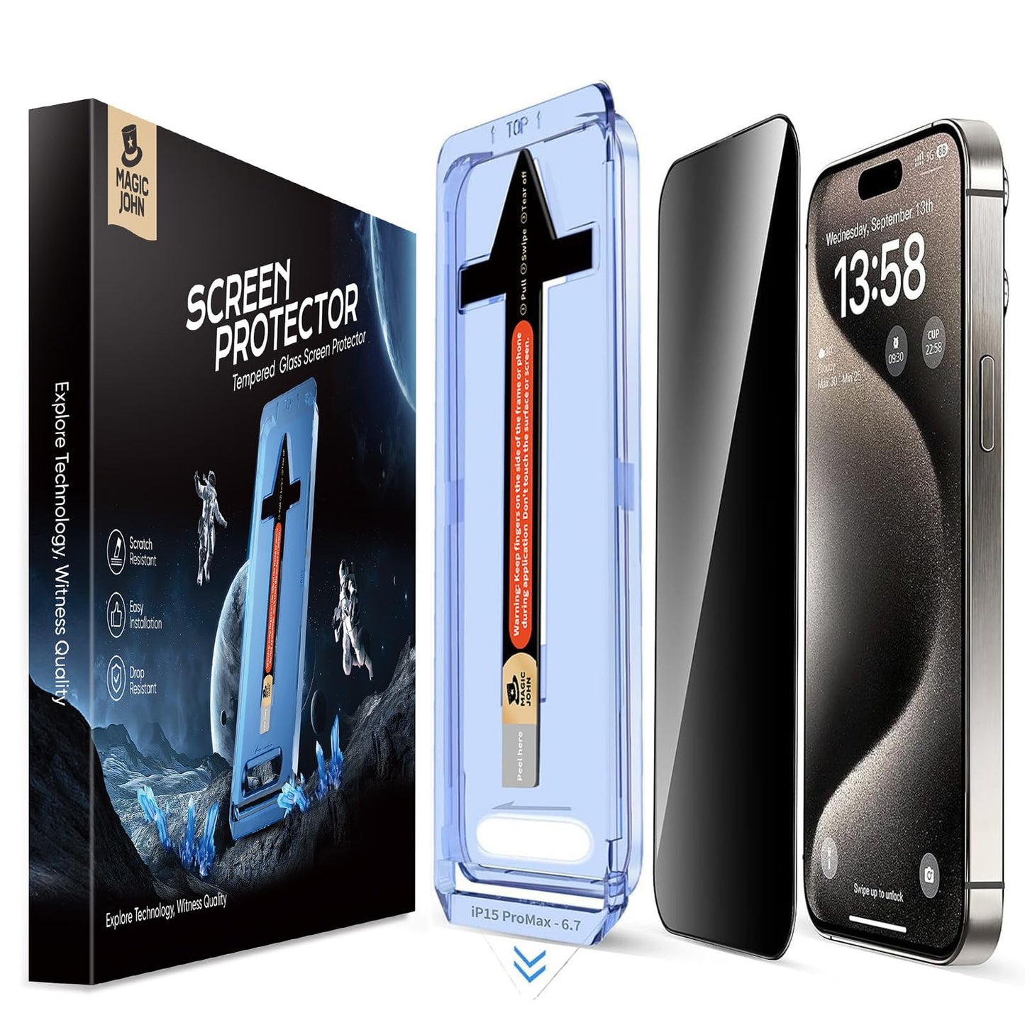 MAGIC JOHN 2 Pack for iPhone 15 Pro Max 6.7 inch Privacy Glass Screen Protector, Auto Dust-Elimination Installation, Bubble Free, Easy Installation,