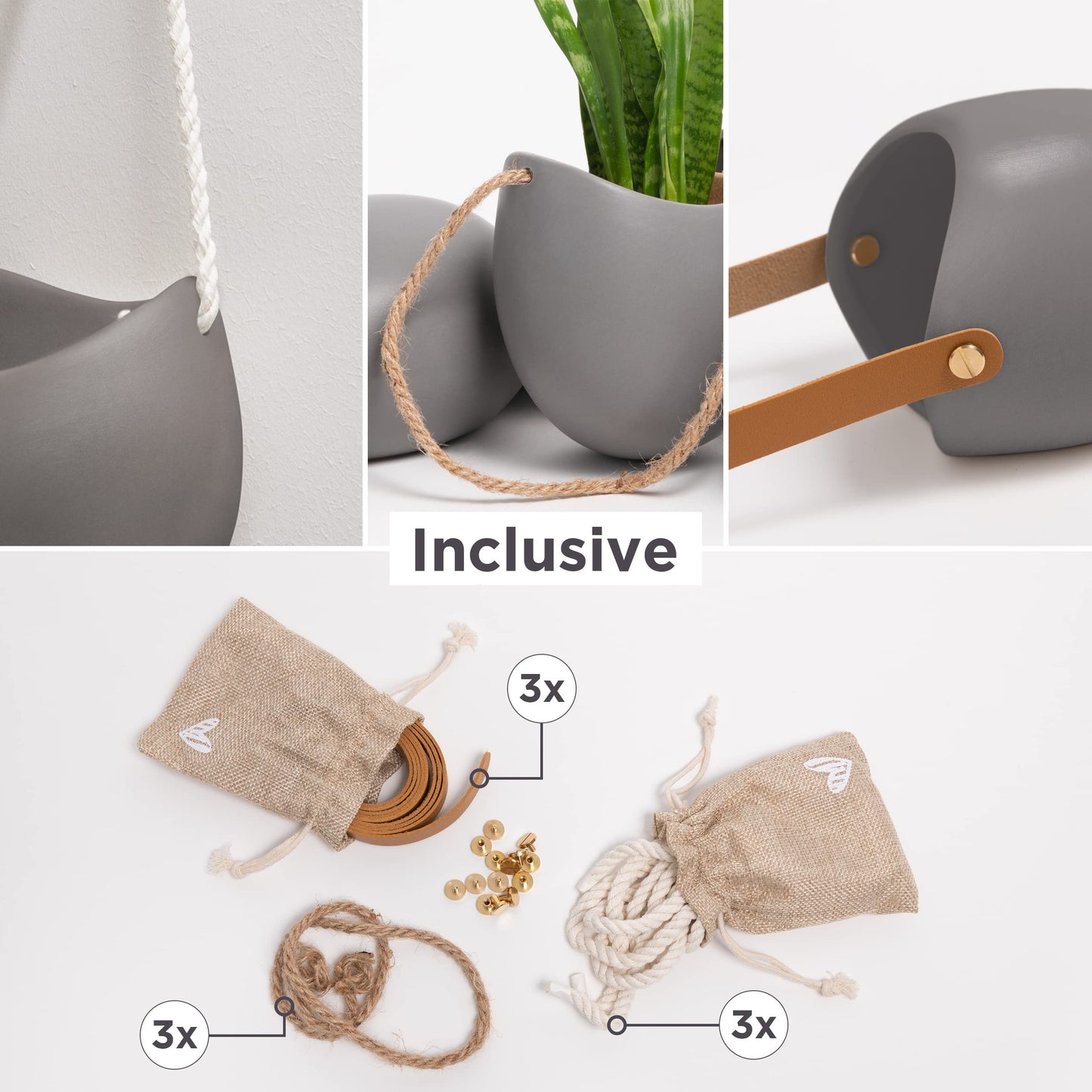 Kazai. Wall Planters -Ellie- | Hanging Ceramic Plant Pots, 3 Pieces, for Succulents and more | Wall Decoration for Indoors, Balcony and Garden | Grey