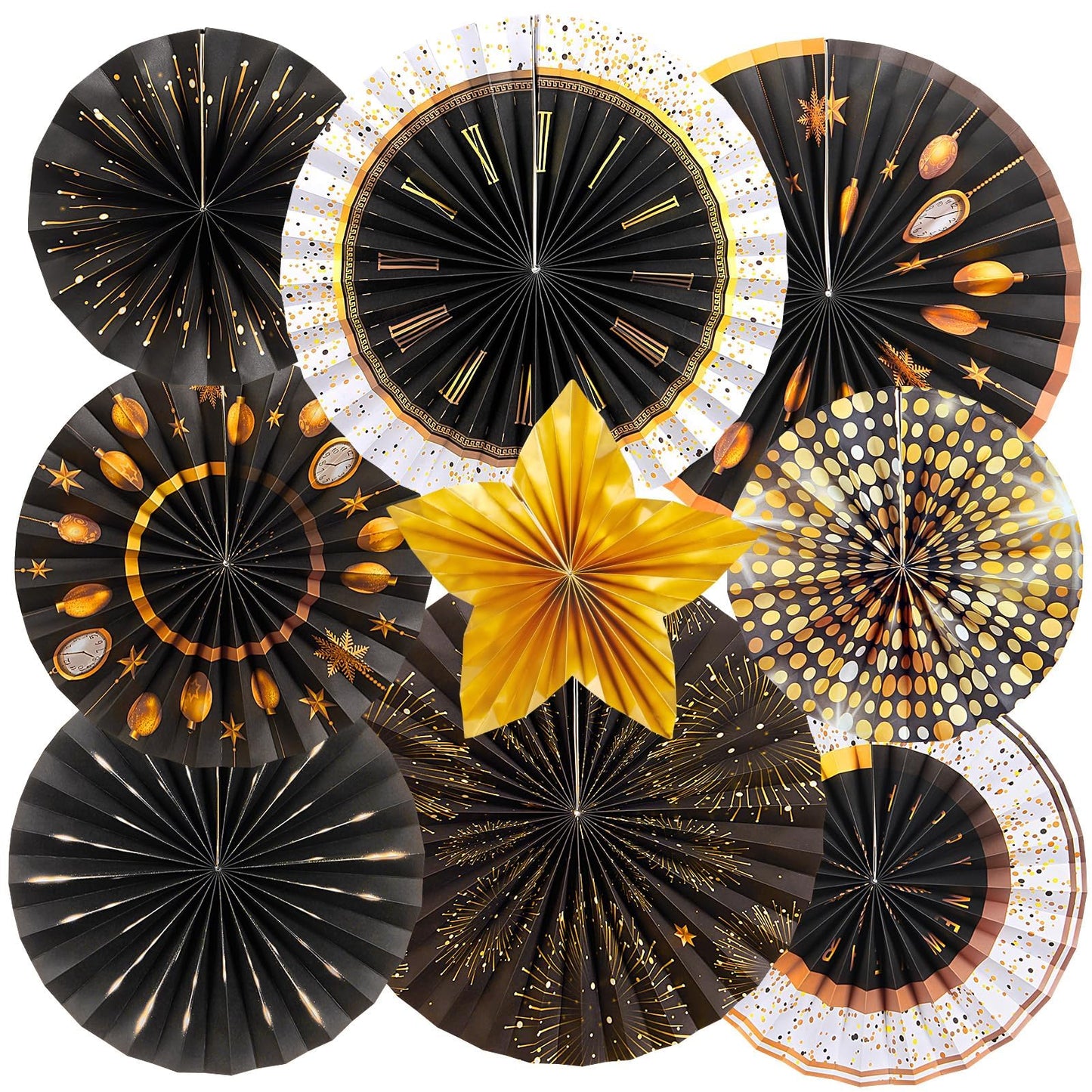 Easy Joy New Year's Eve Decoration 2026 Black and Gold Party Decoration Hanging Paper Fans for Happy New Years Wedding Men Women Birthday Eve Party