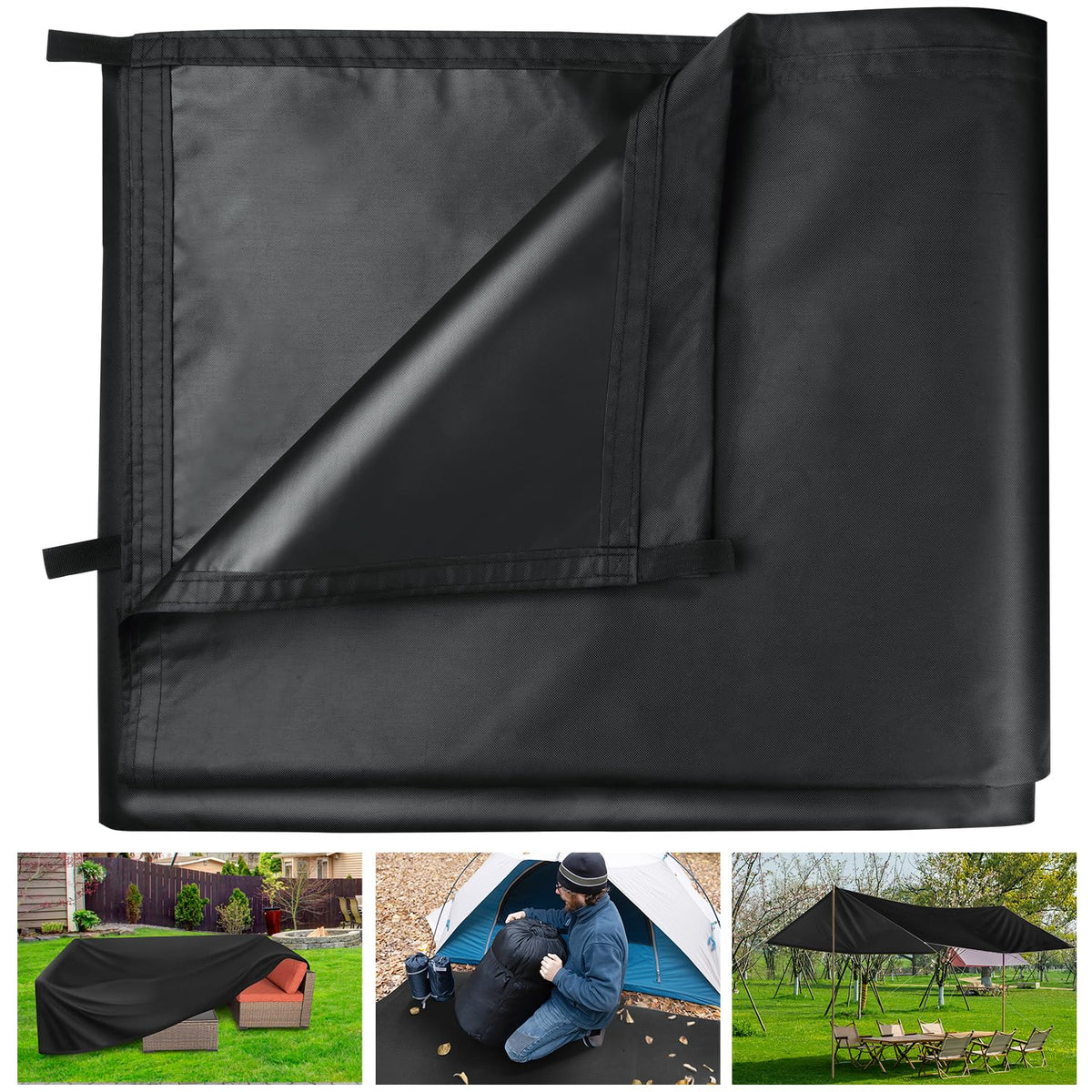 Honsaifau Waterproof Tarpaulin Outdoor Cover: Black 2m x 3m 420D Oxford Fabric Tarp Sheet with Reinforced Loops - Tear-Resistant UV Protection for