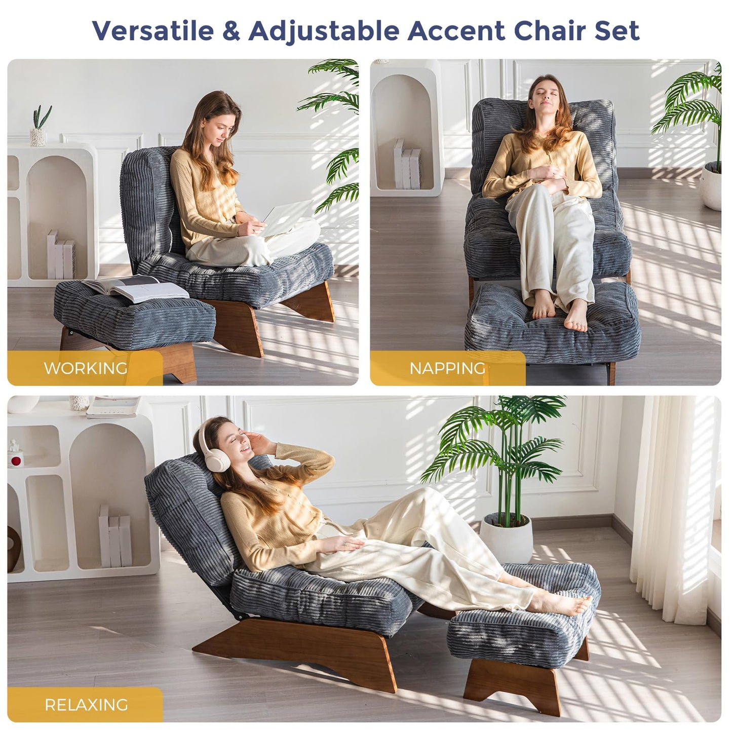 MAXYOYO Corduroy Folding Accent Chair with Footrest, Modern Upholstered Lounge Chair with Adjustable Backrest