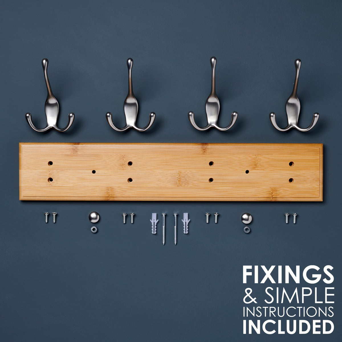 LARHN Wooden Wall-Mounted Coat Rack, 2-Pack - 4 Matt-Nickel Hooks, 42cm
