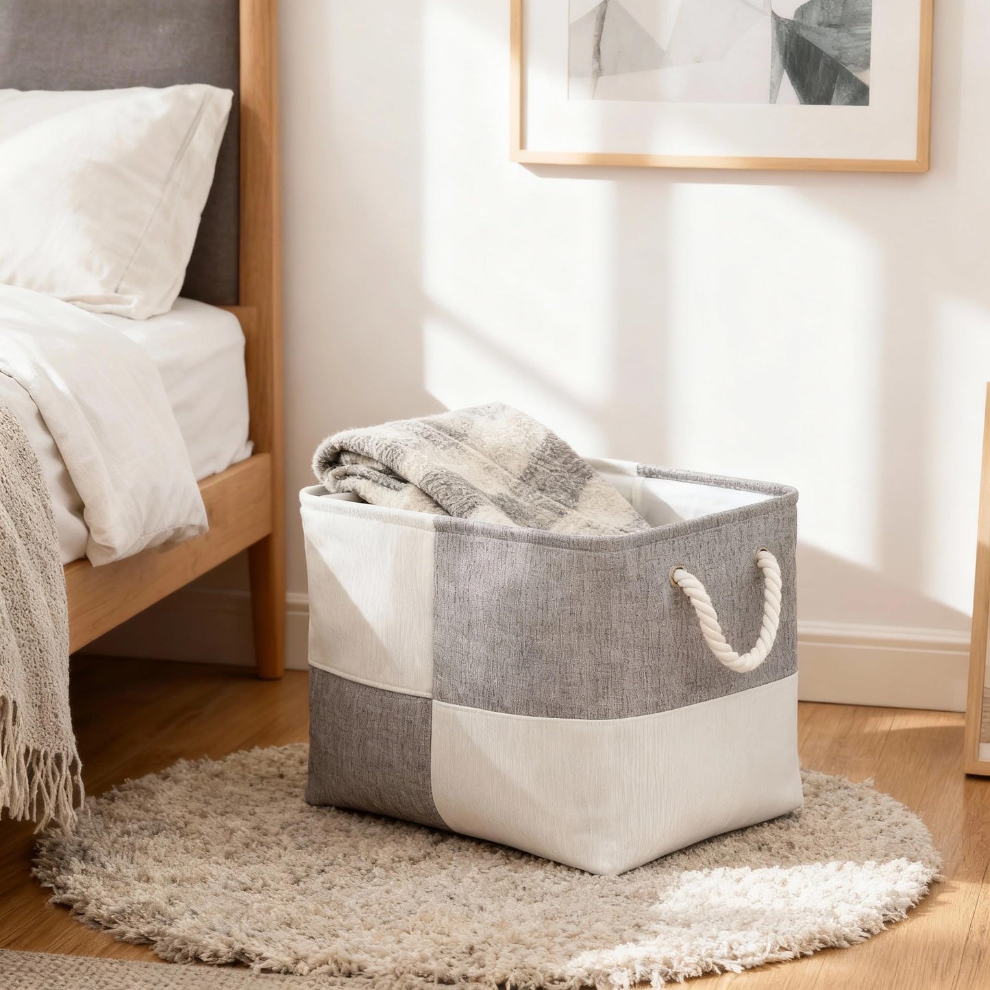 flaxarne Fabric Storage Box with Sturdy Rope Handles,3-Pack Foldable Storage Bins for Closets,Baskets for Shelves,Bedding,Clothes,40*30*30 cm