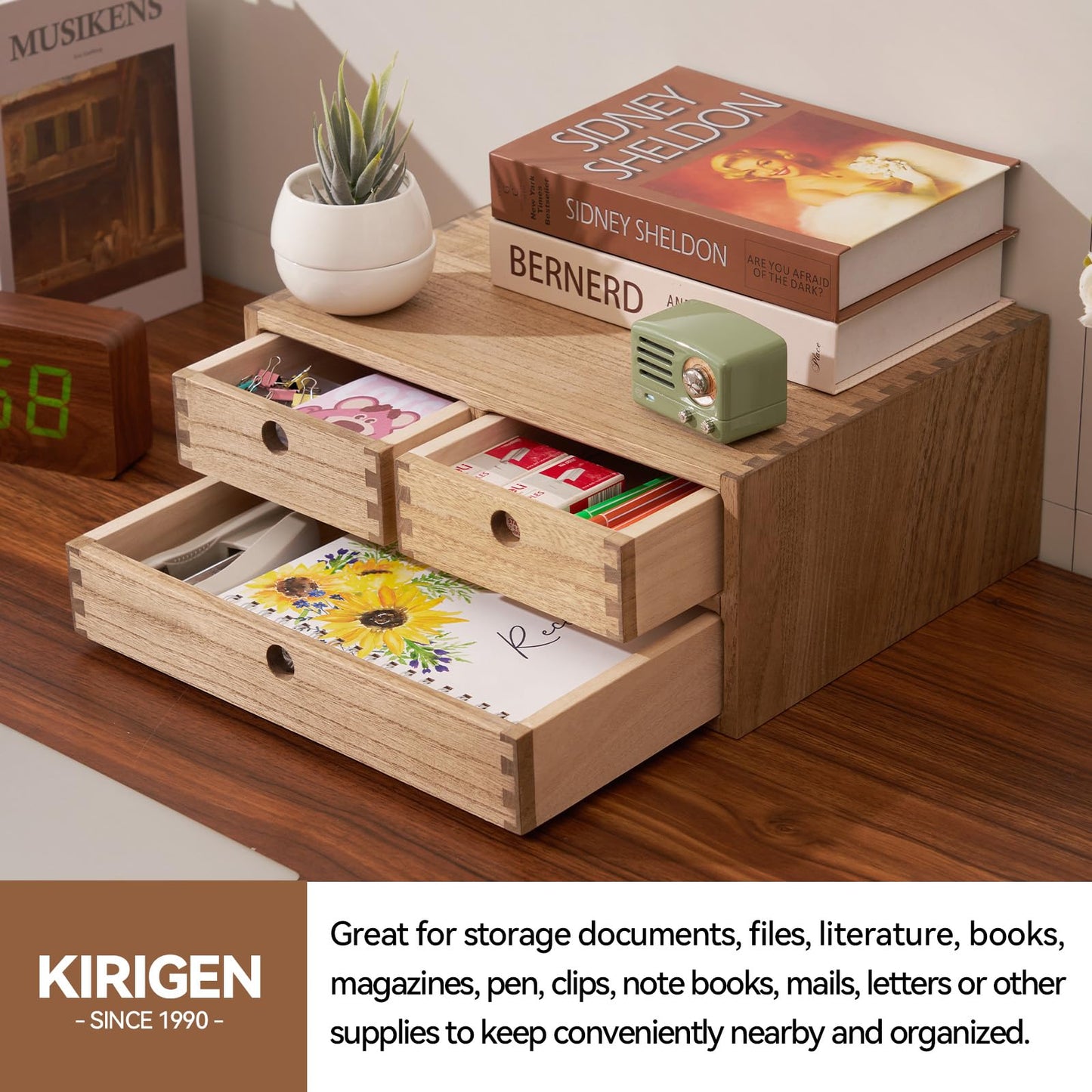KIRIGEN Wooden Desktop Organizer Office Supplies Filing Tidy Storage Shelf Storage Cabinet Jewelry Organizer with 3 Drawers Dark Brown