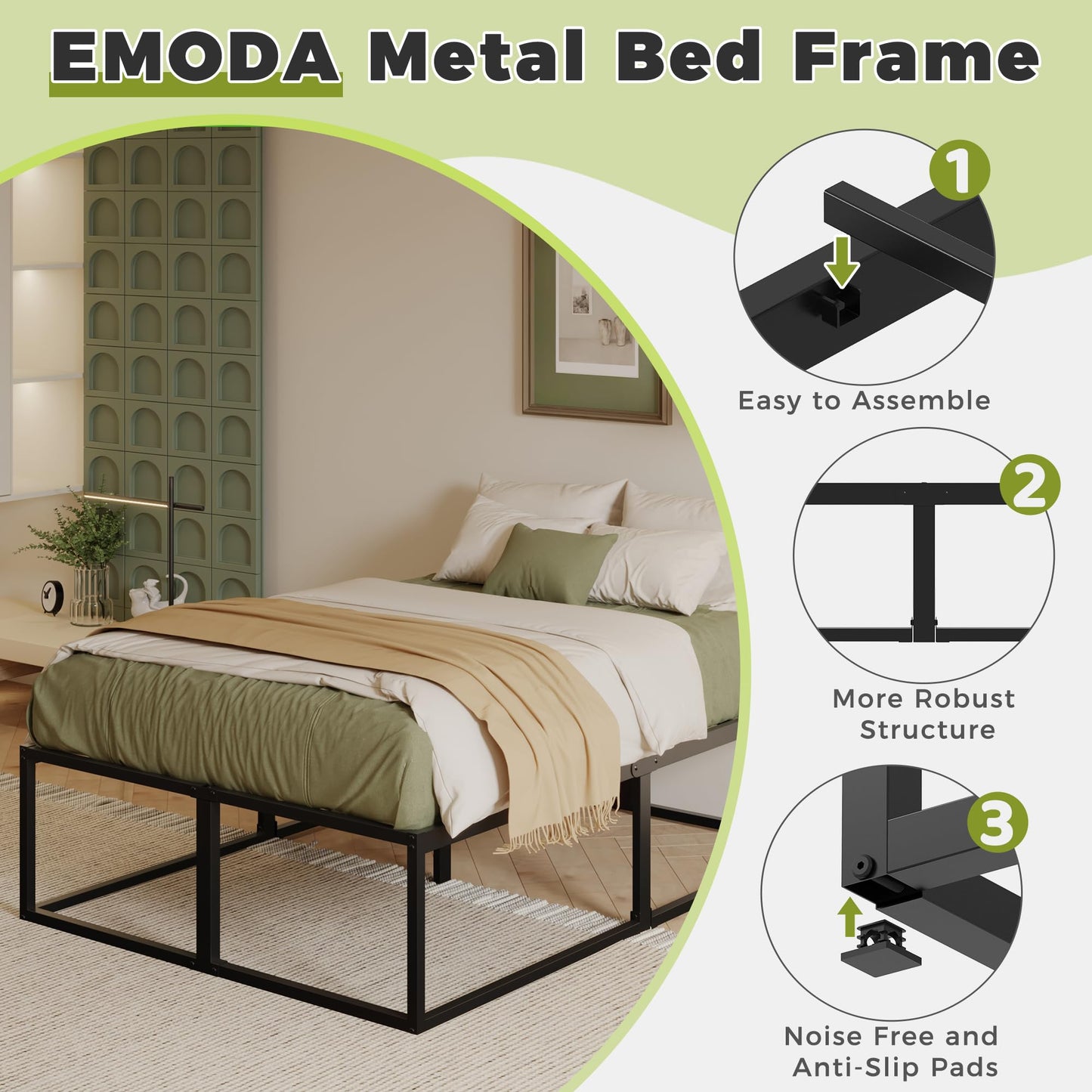 EMODA 46 cm High Metal Bed Frame 150x190 cm, Black