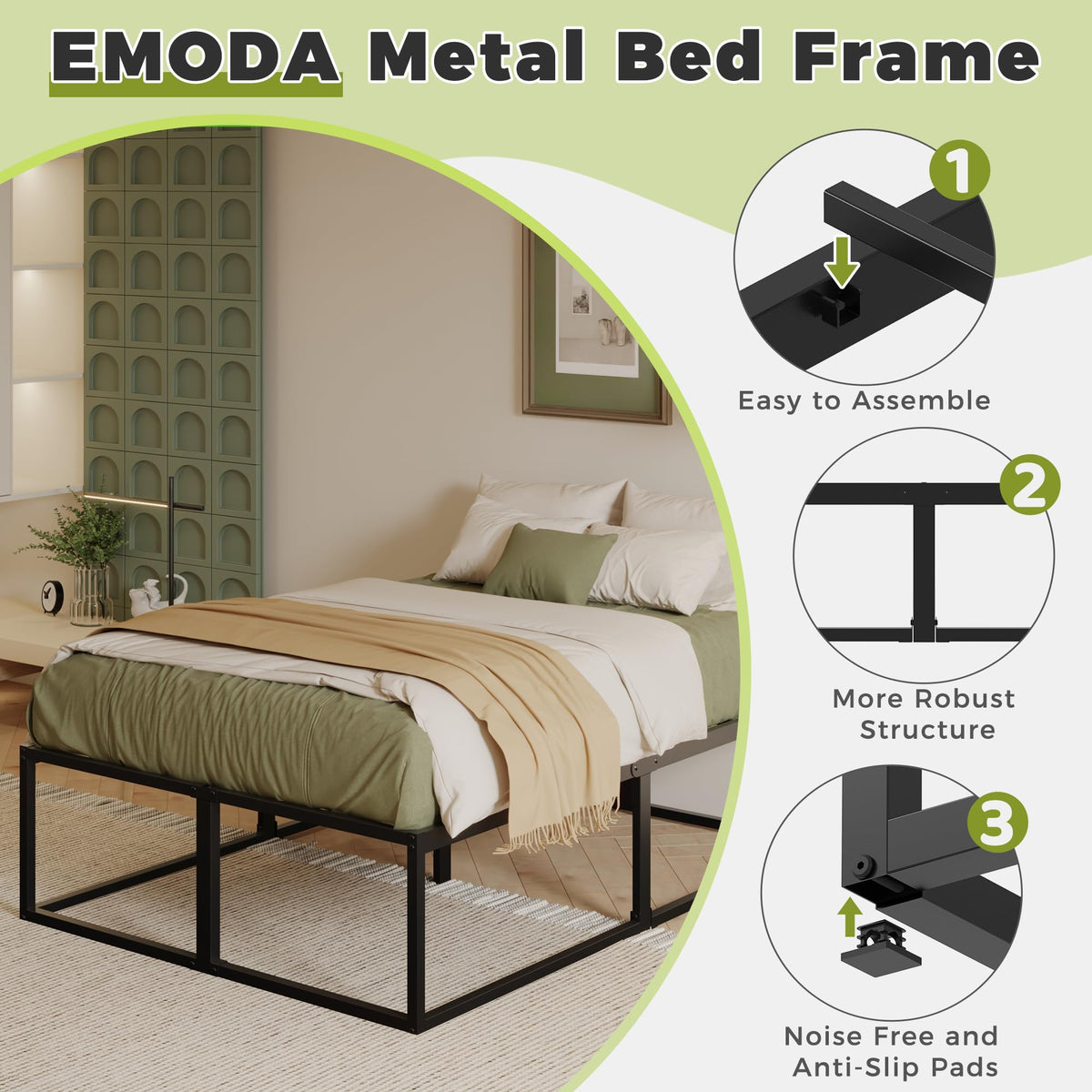 EMODA 46 cm High Metal Bed Frame 160x190 cm, Black