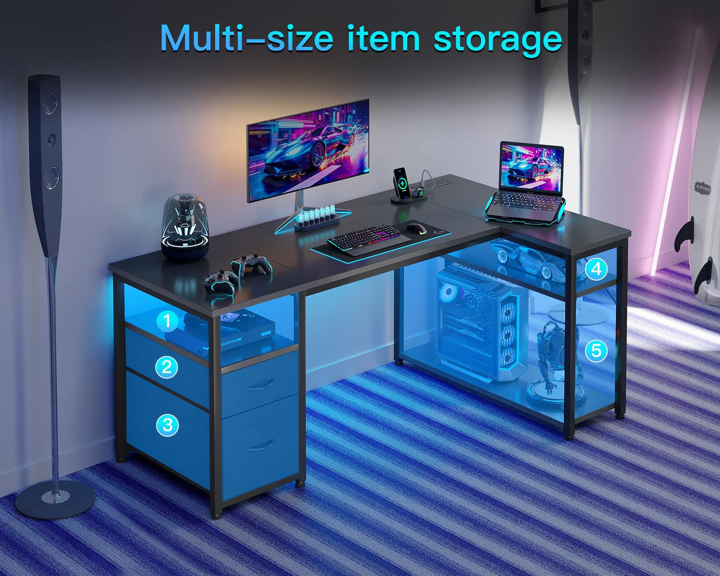 Coleshome Corner Computer Desk with Drawers and Shelves, 140×80 cm, Black