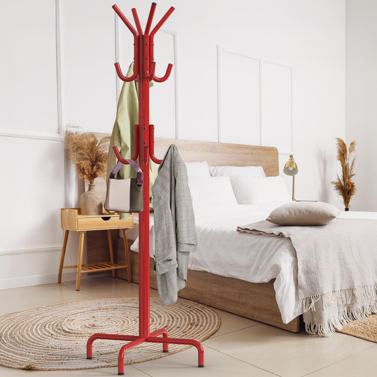 Simple Houseware Standing Coat and Hat Hanger Organizer Rack, Red