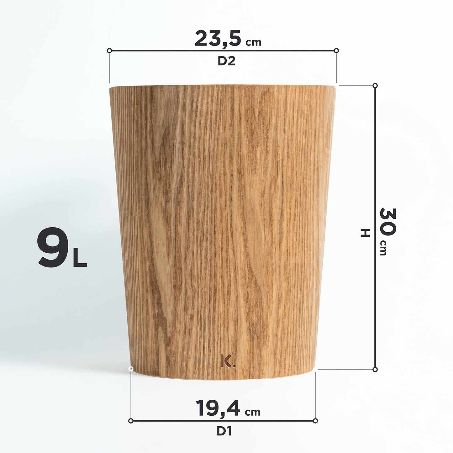 Kazai. Real Wood Waste Paper Bin Brje | Modern Wooden Paper Basket for Office, Kids' Room, Bedroom and more | 9 liters | Ash