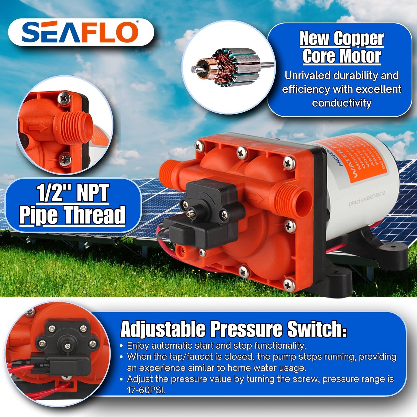 Seaflo 42 Series Diaphragm Pump with Bypass for Reduced Cycling 12V/24V 3.0GPM 55PSI (12 Volts)