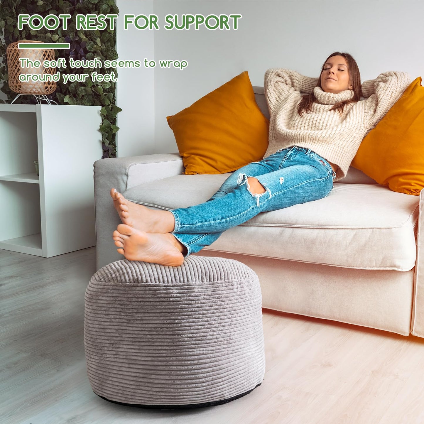 HIGOGOGO Corduroy Beanbags Round Footstool Bean Bag Pouf with Foam Chunk Filling, 50 x 35 cm Floor Poufs Foot Rest for Living Room, Grey