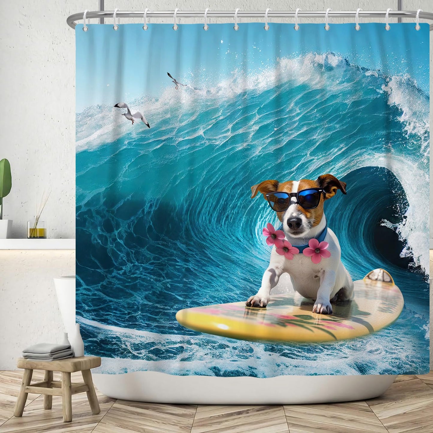 ASDCXZ Funny Shower Curtain 180x180 cm, Summer Funny Dog Ocean Skateboard Surfing Seagull Bath Washable Shower Curtains Polyester Textile Waterproof