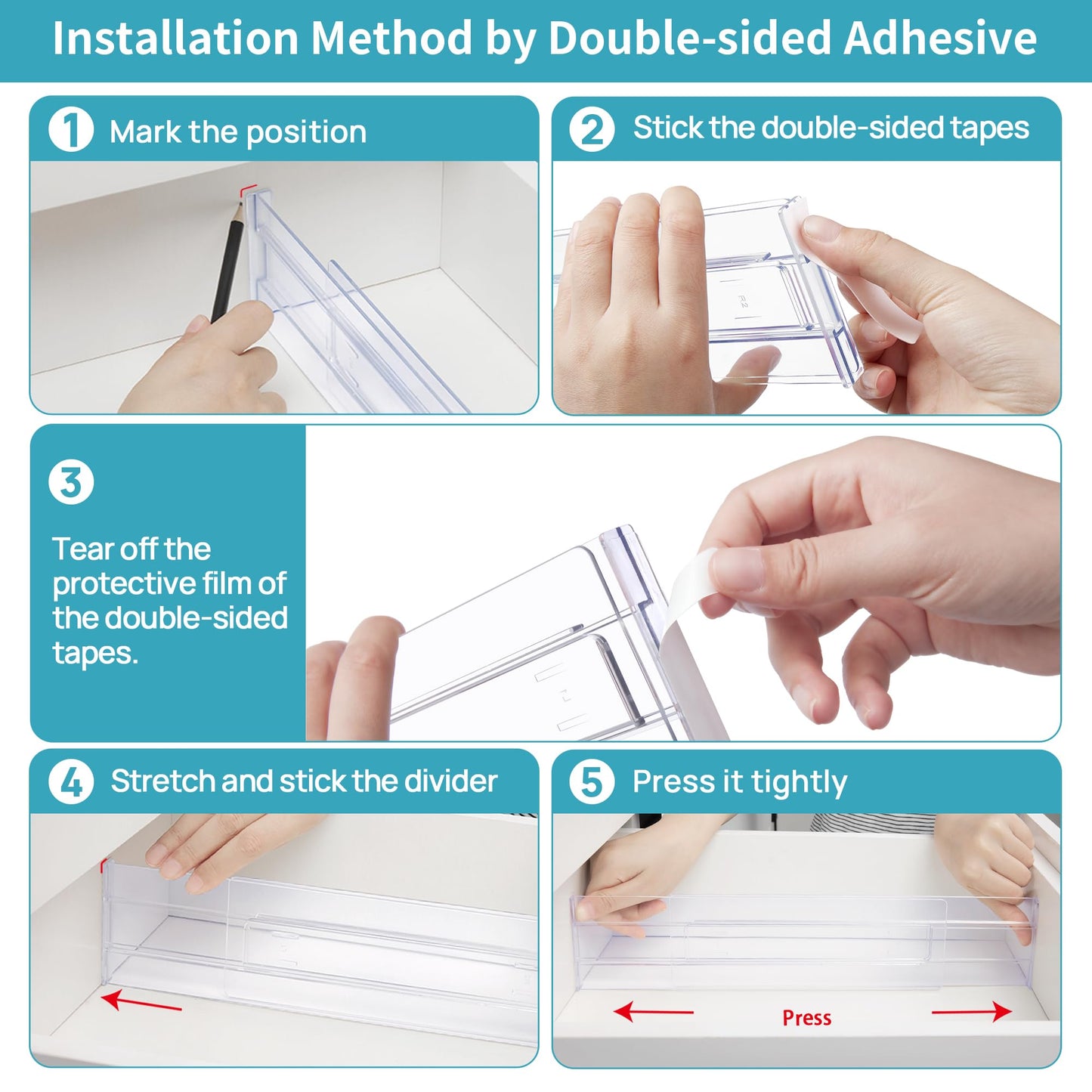 Vtopmart 8 Pack Drawer Dividers, 3.2" High Expandable from 12.2-21.4" Adjustable Drawer Organisers，Clear Plastic Drawers Separators for Clothing