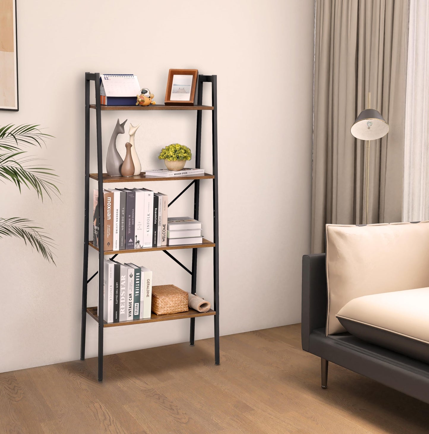 H JINHUI 4-Tier Ladder Shelf, Bookshelf, Living Room Bookcases, Plant Stand, Industrial Style Vintage Storage Shelves for Living Room, Home Office