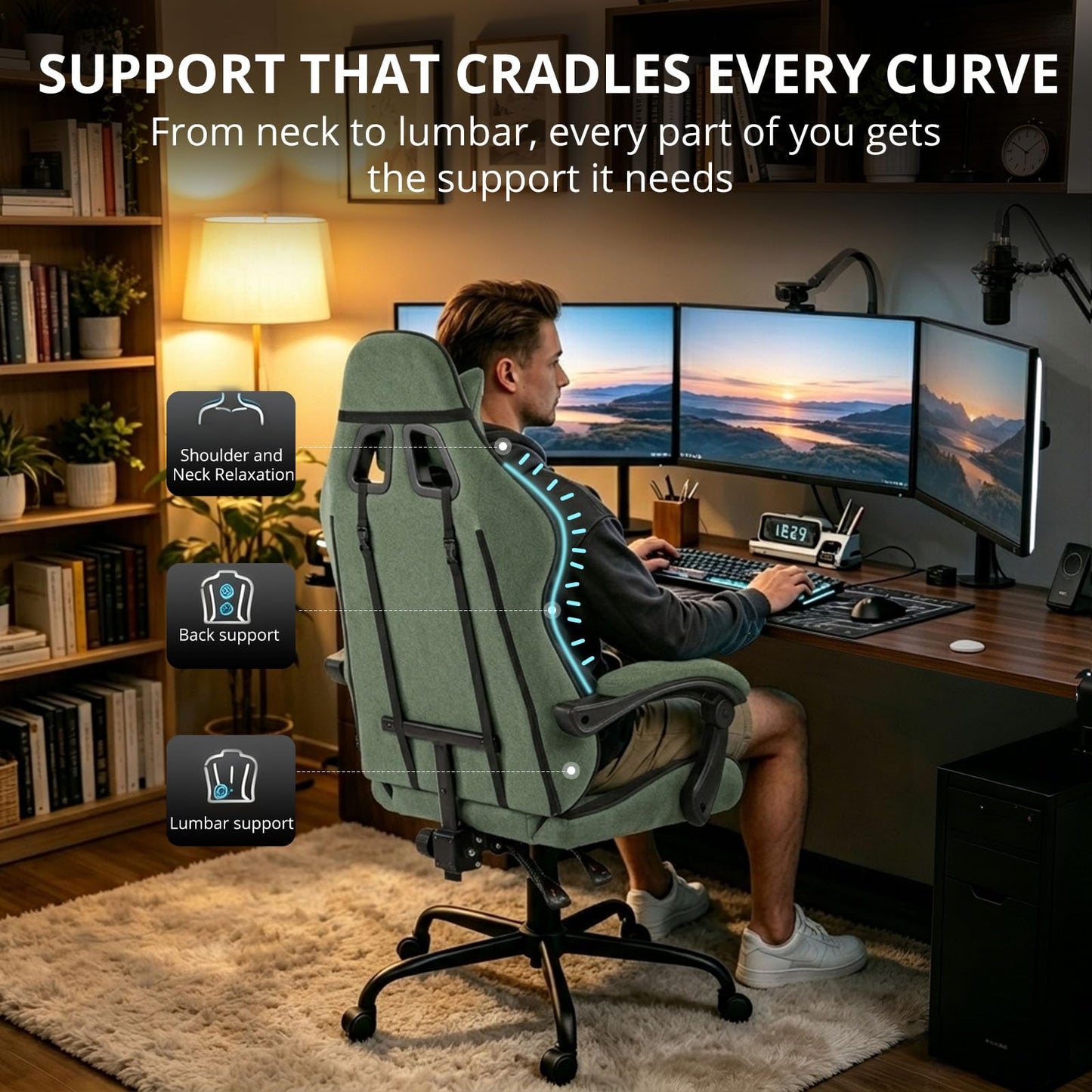WUPY Gaming Chair, Fabric Computer Chair with Thick Cushion, Green Grey