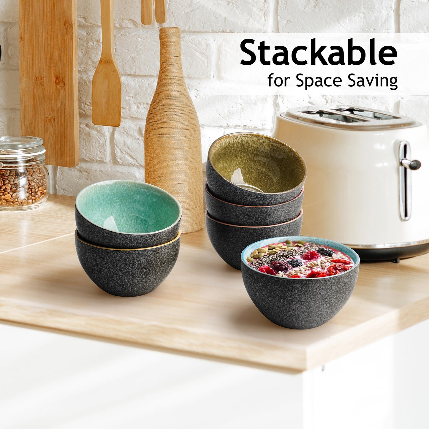 MIAMIO ? 750 ml, Bowls Set of 6, Ceramic Bowl, Salad Bowls, Soup Bowl, Cereal Bowl, Kitchen Bowls, Rice Bowls ? Microwave, Dishwasher and Oven Safe ?