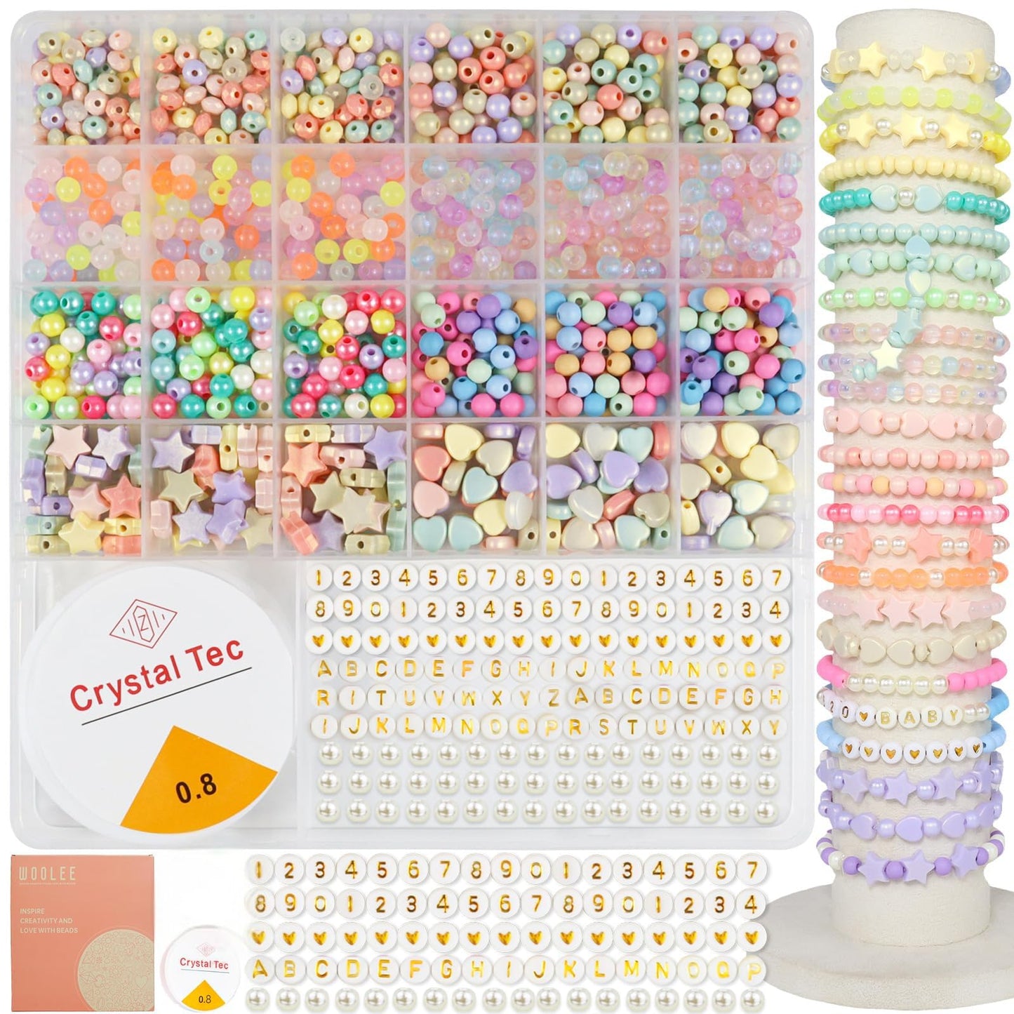 WOOLEE Acrylic Beads Bracelet Making Kit, 1350+ Colorful 6MM Plastic Round Beads for Jewelry Making, Pastel Beads Set, Necklace DIY Craft Girls' Gift