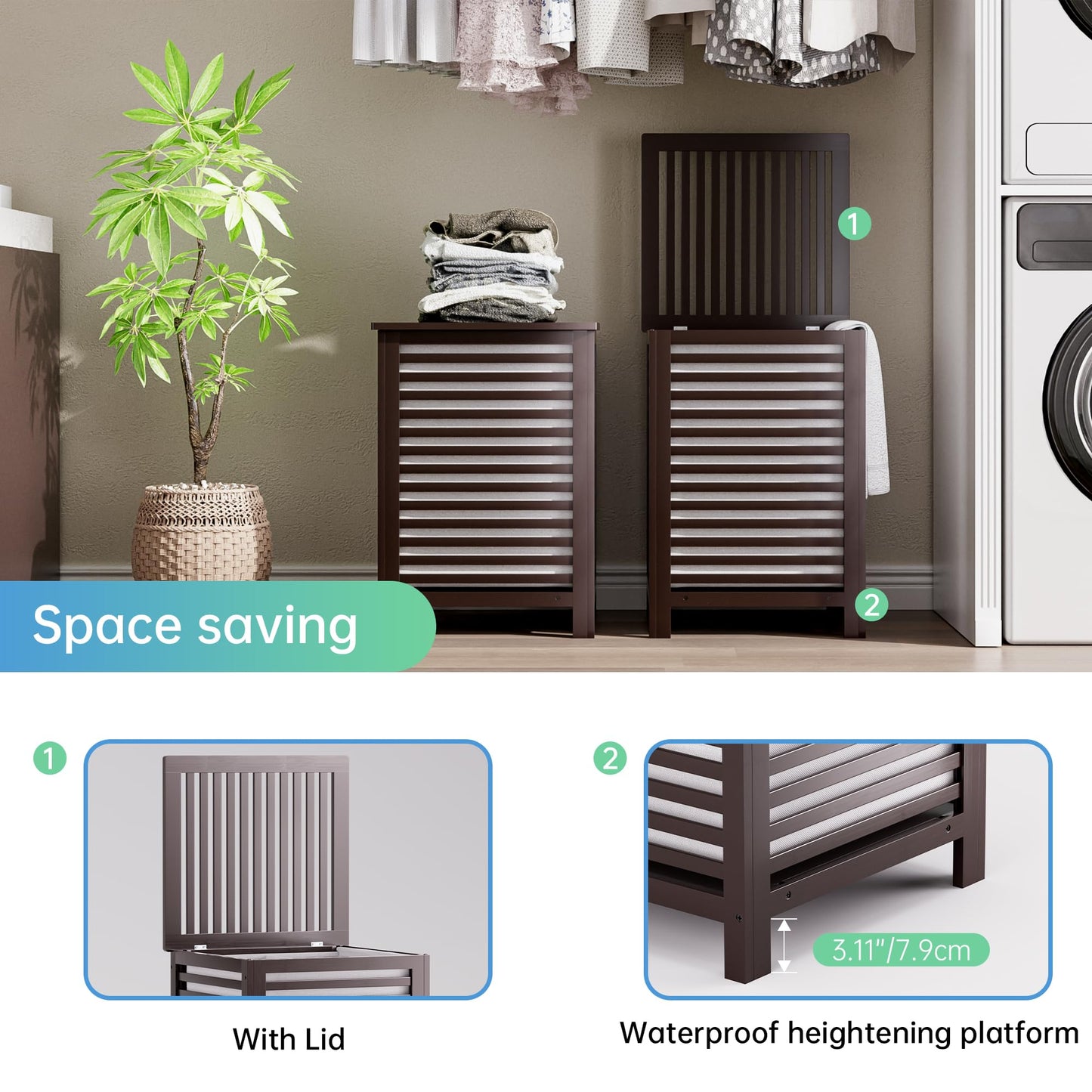SMIBUY Double Laundry Hamper with Lid, 120L Bamboo Laundry Basket with Removable Liner Bag, 2-Section Clothes Divider Laundry Sorter for Laundry Room,