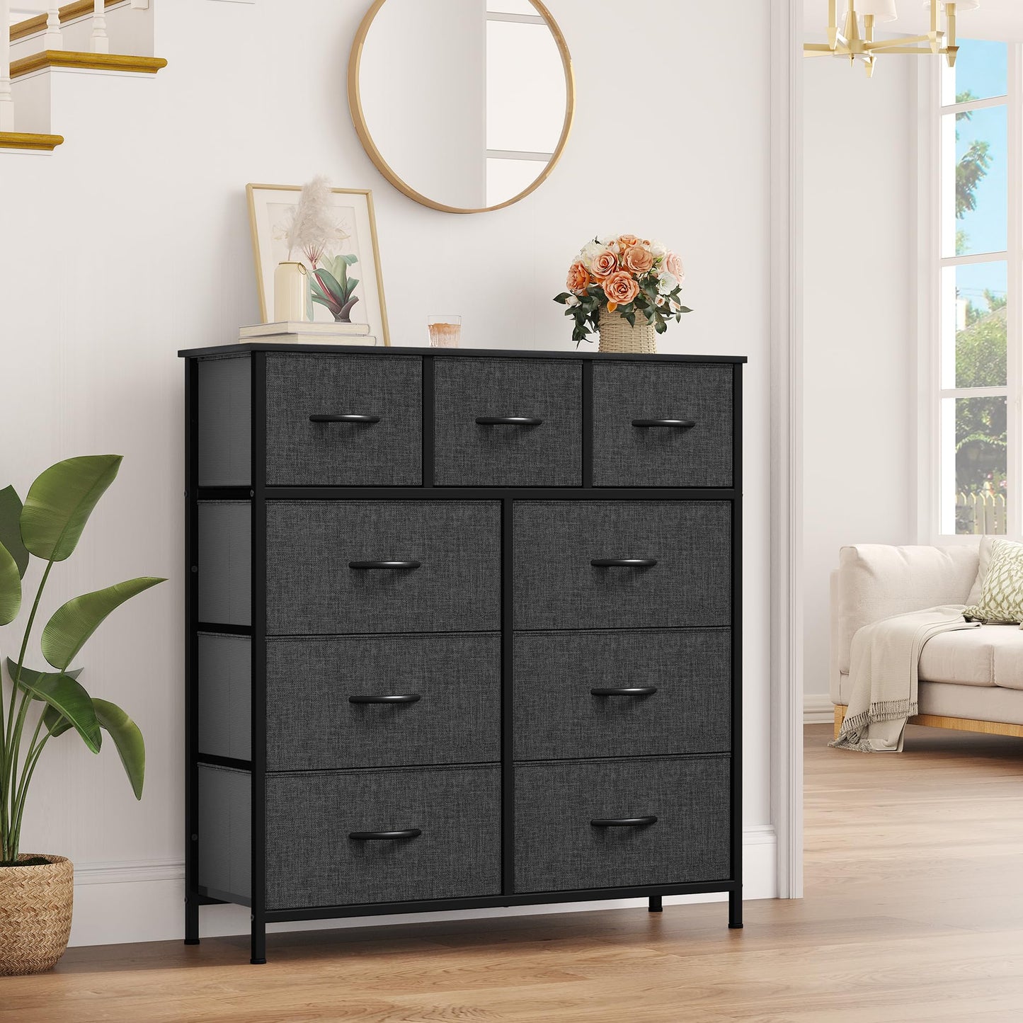 YITAHOME Wide Chest of Drawers with 9 Drawers, Fabric Dressers with Easy Pull Handle,Sturdy Steel Frame,Storage Drawers for Bedroom, Closet, Clothes