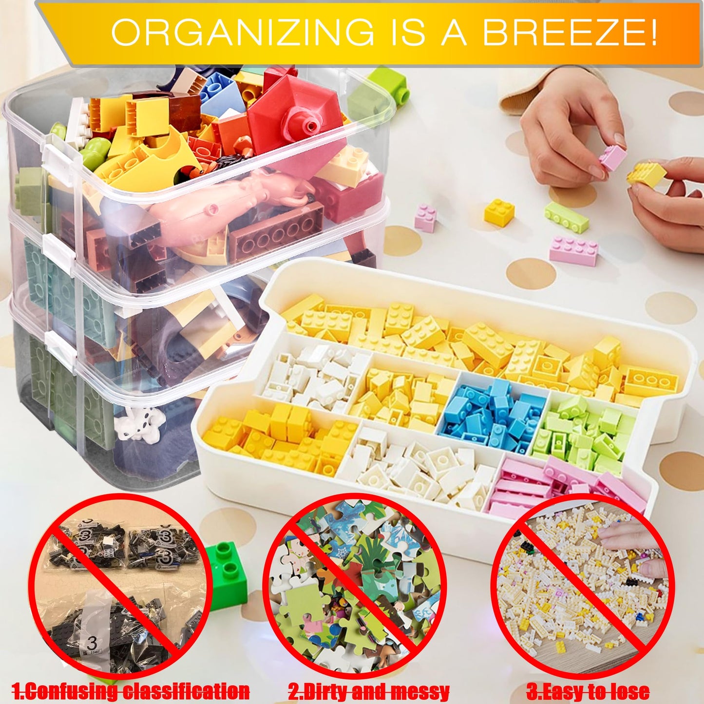 Storage Organiser for Lego 3 Layers Stackable Kids Toy Box With Base Plates Lids Plastic Multi Compartment Building Blocks Craft Sorting Container