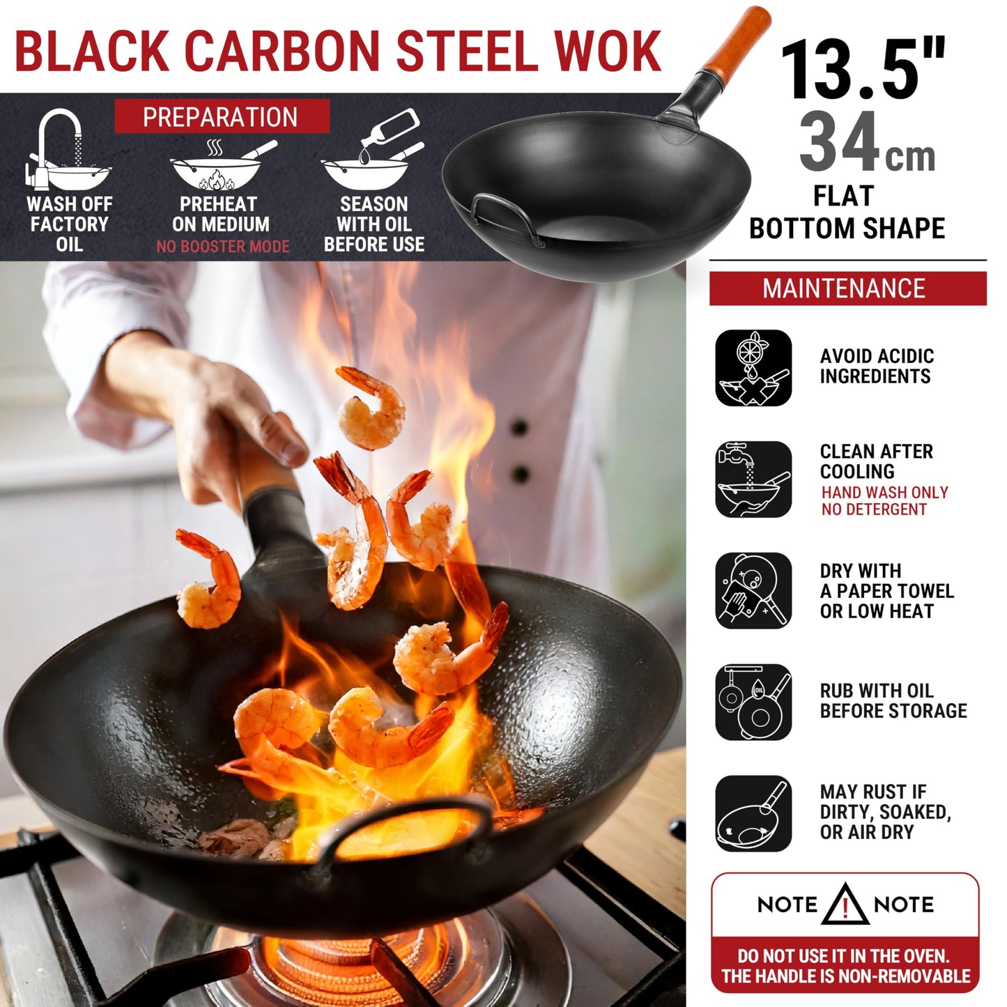 YOSUKATA Carbon Steel Wok Pan  34 cm Woks and Stir Fry Pans - Chinese Wok with Flat Bottom Pow Wok - Traditional Chinese Japanese Woks - Black Steel