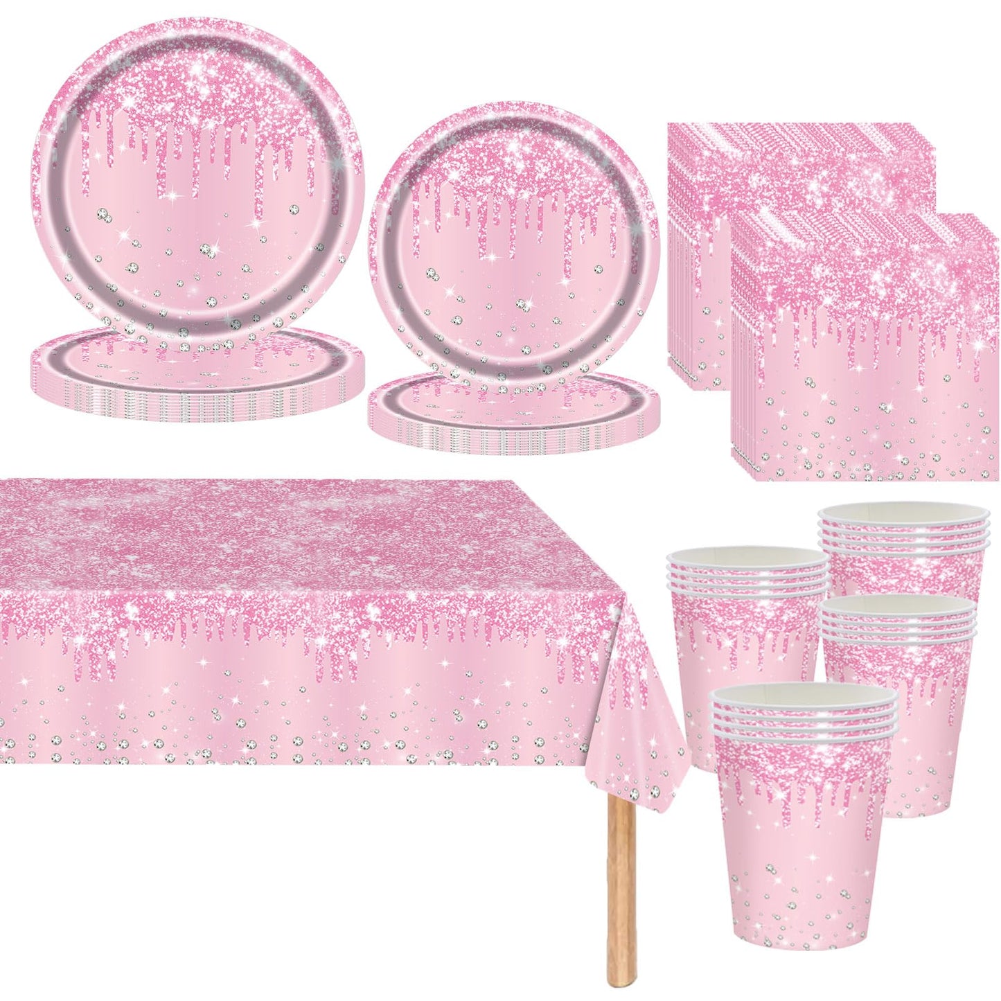 Pink Shiny Glitter Diamond Party Tableware for Girls,81pcs Pink Birthday Dinnerware Paper Plates Cups Napkins and Tablecloth Set for Her Birthday