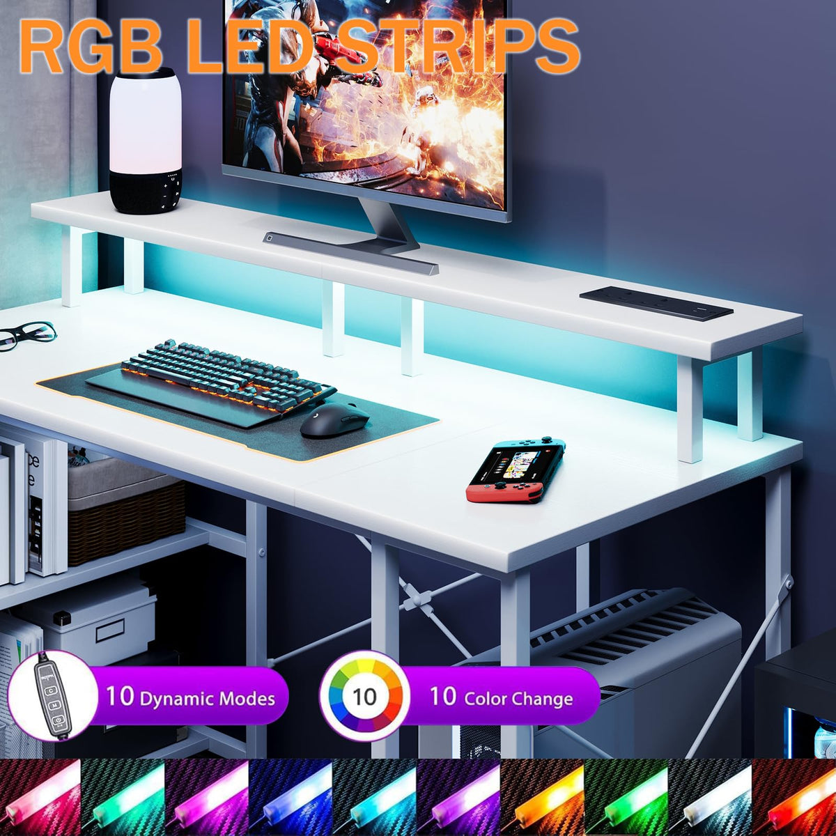 MUTUN Gaming Desk with LED Lights & Power Outlets, 120x50cm Computer Desk with Storage Shelves and Dual Monitor Stand