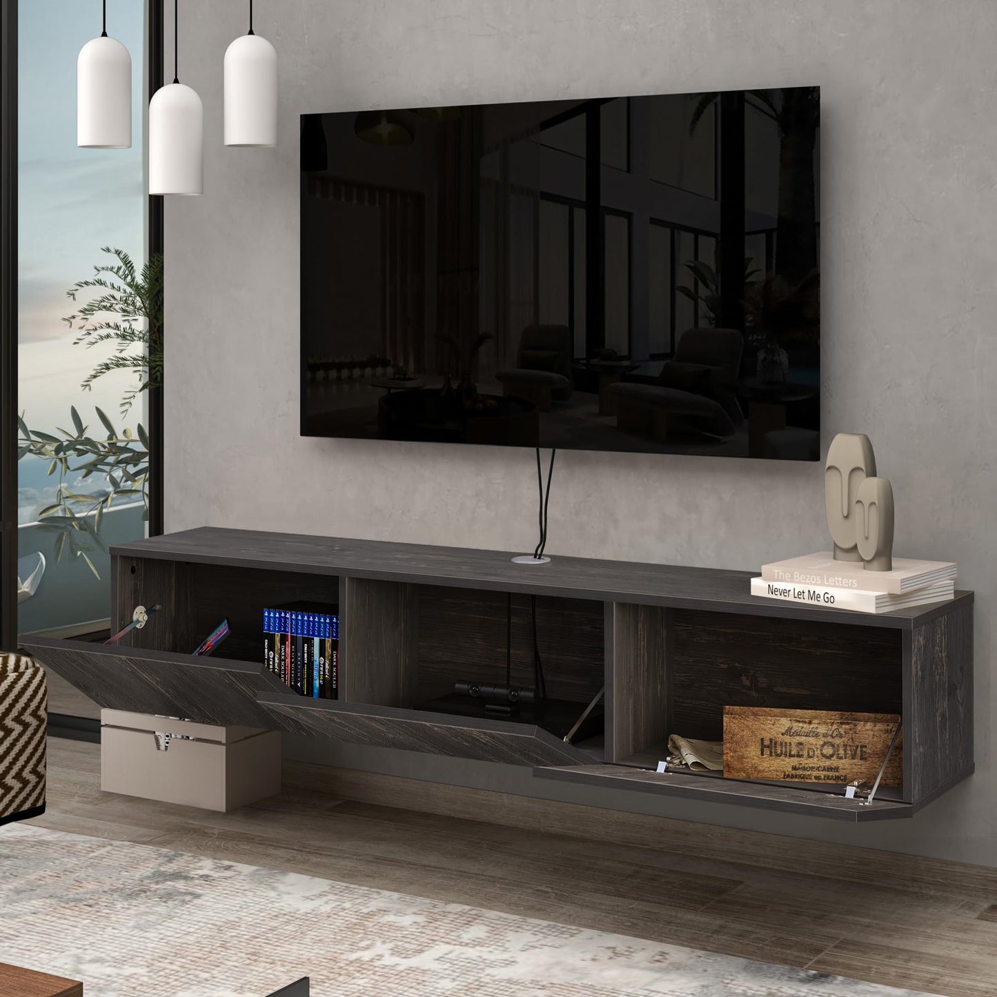 Atelier Mobili Black Floating TV Stand, TV Stand 65 Inch, Floating Entertainment Center for 80 inch TV, Black TV Cabinet, Floating TV Shelf Under TV